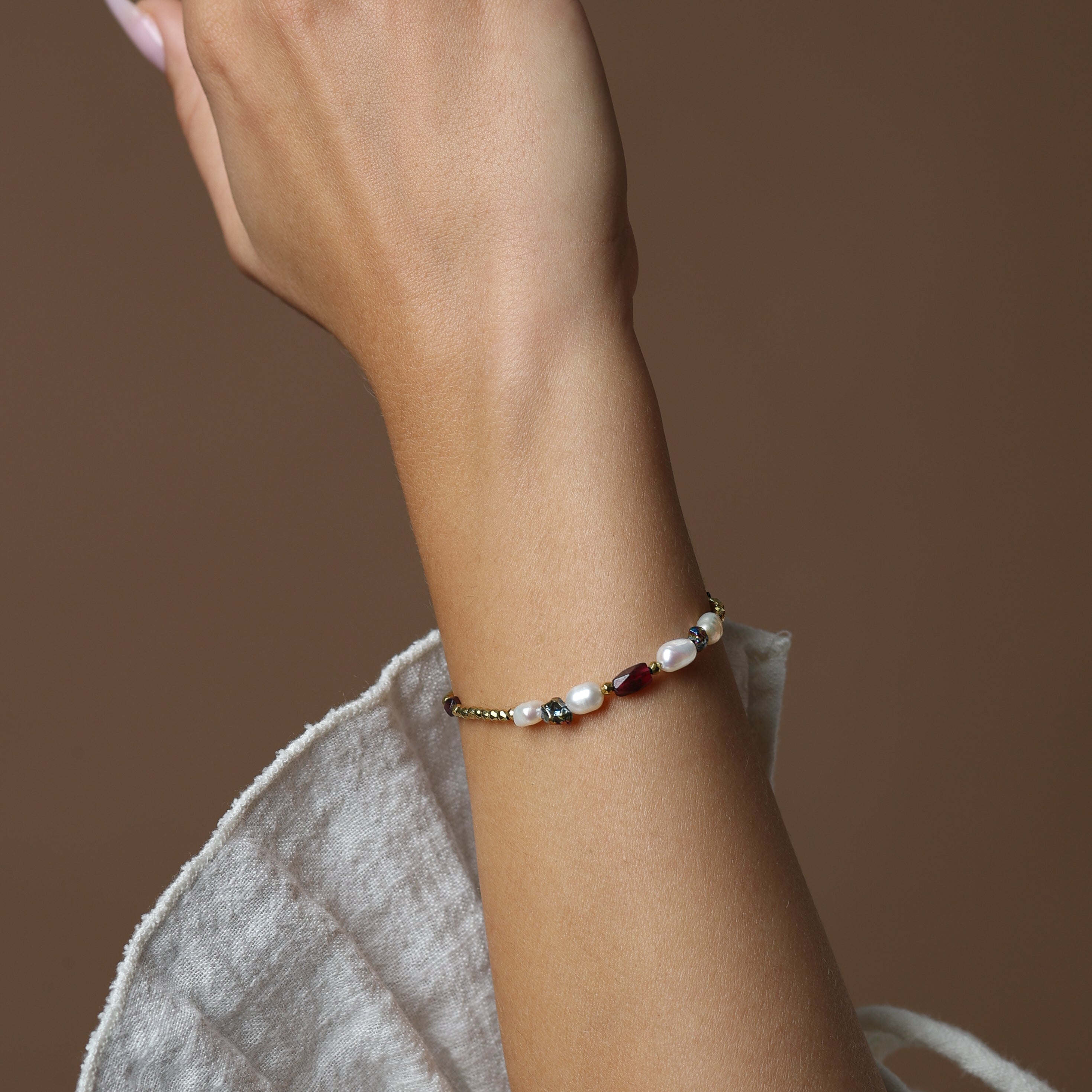 HEMATITE BRACELET - FEATURING PEARLS , PYRITE & GARNET