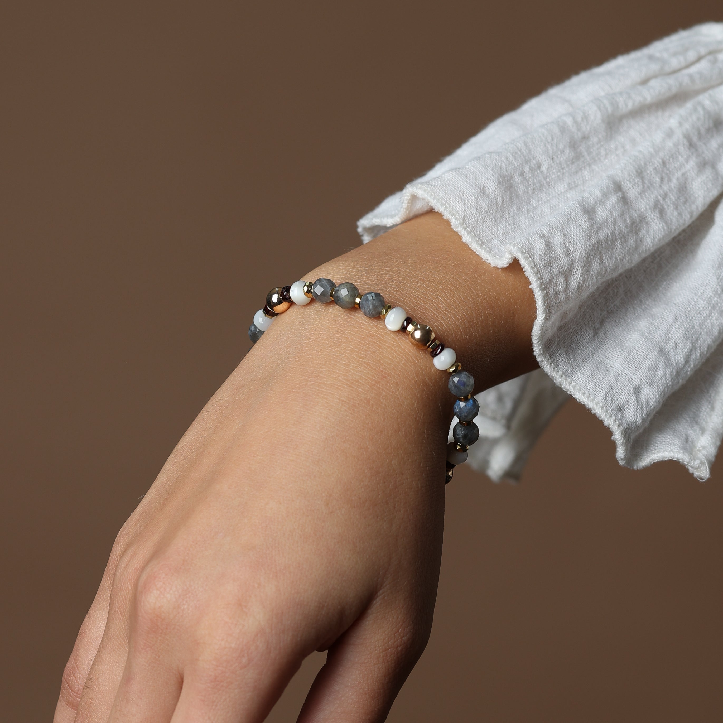LABRADORITE BRACELET - FEATURING GARNET , HEMATITE AND MOTHER OF PEARL