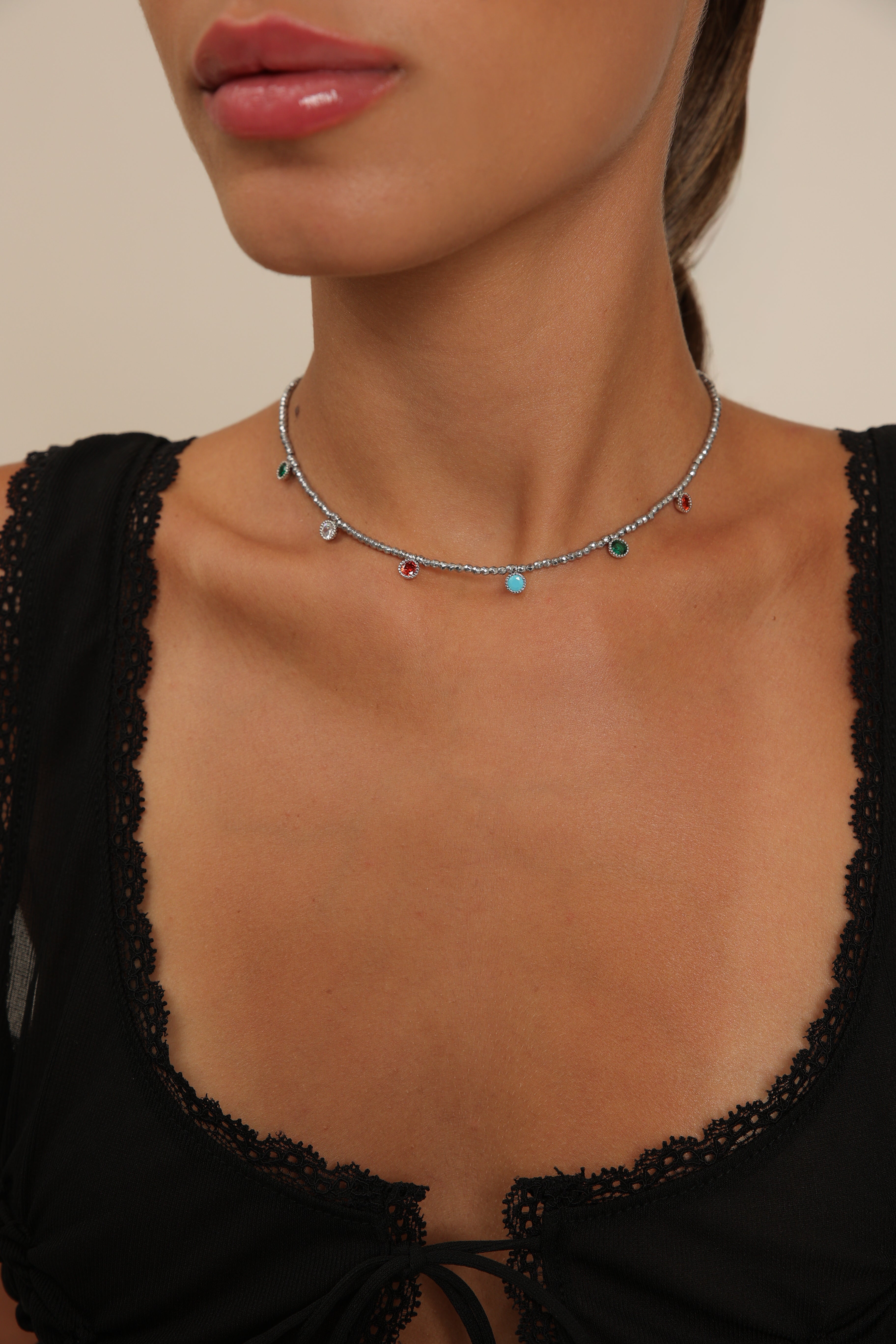 Hematite Choker with Colorful Pendants