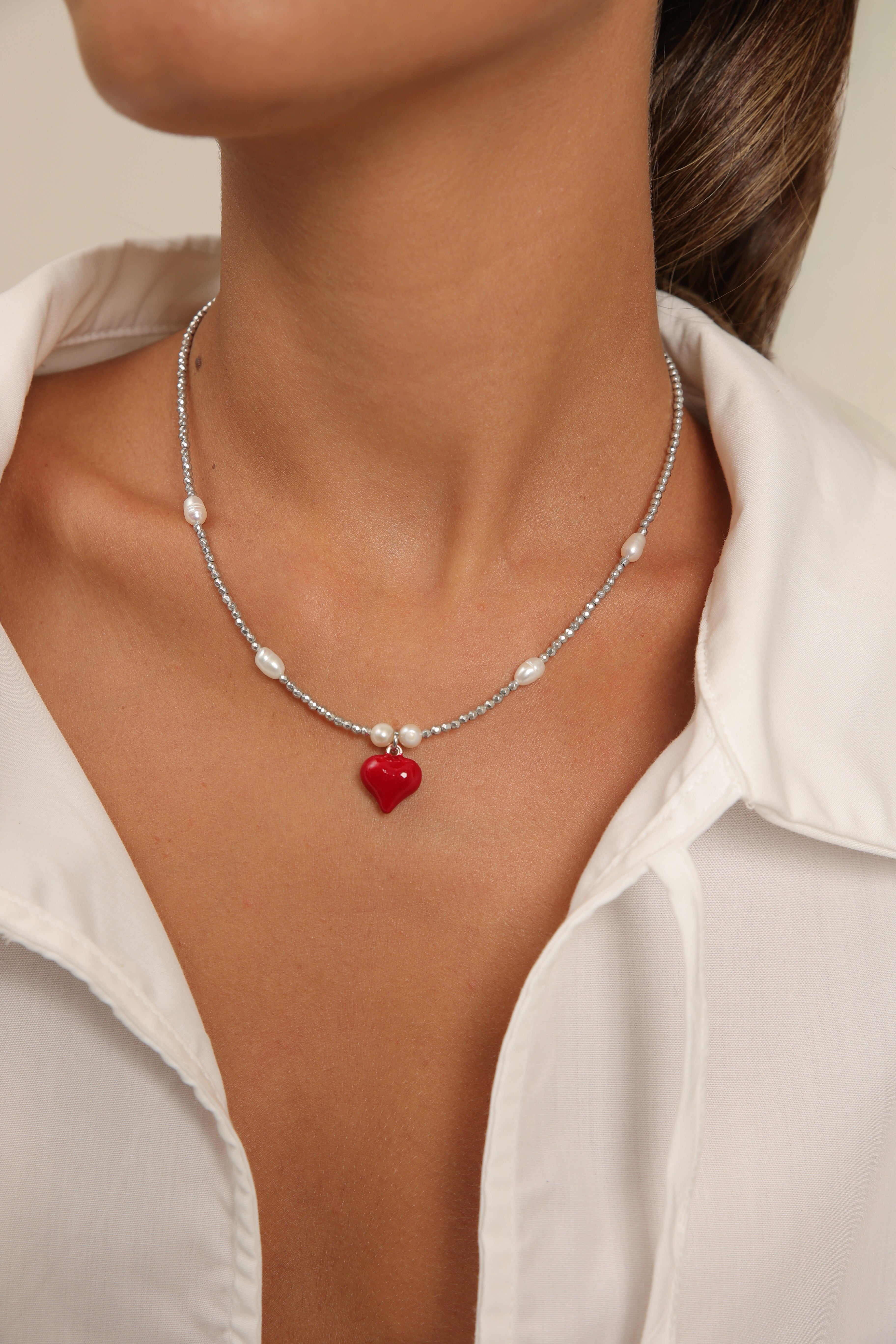 Hematite Necklace with Red Heart Pendant