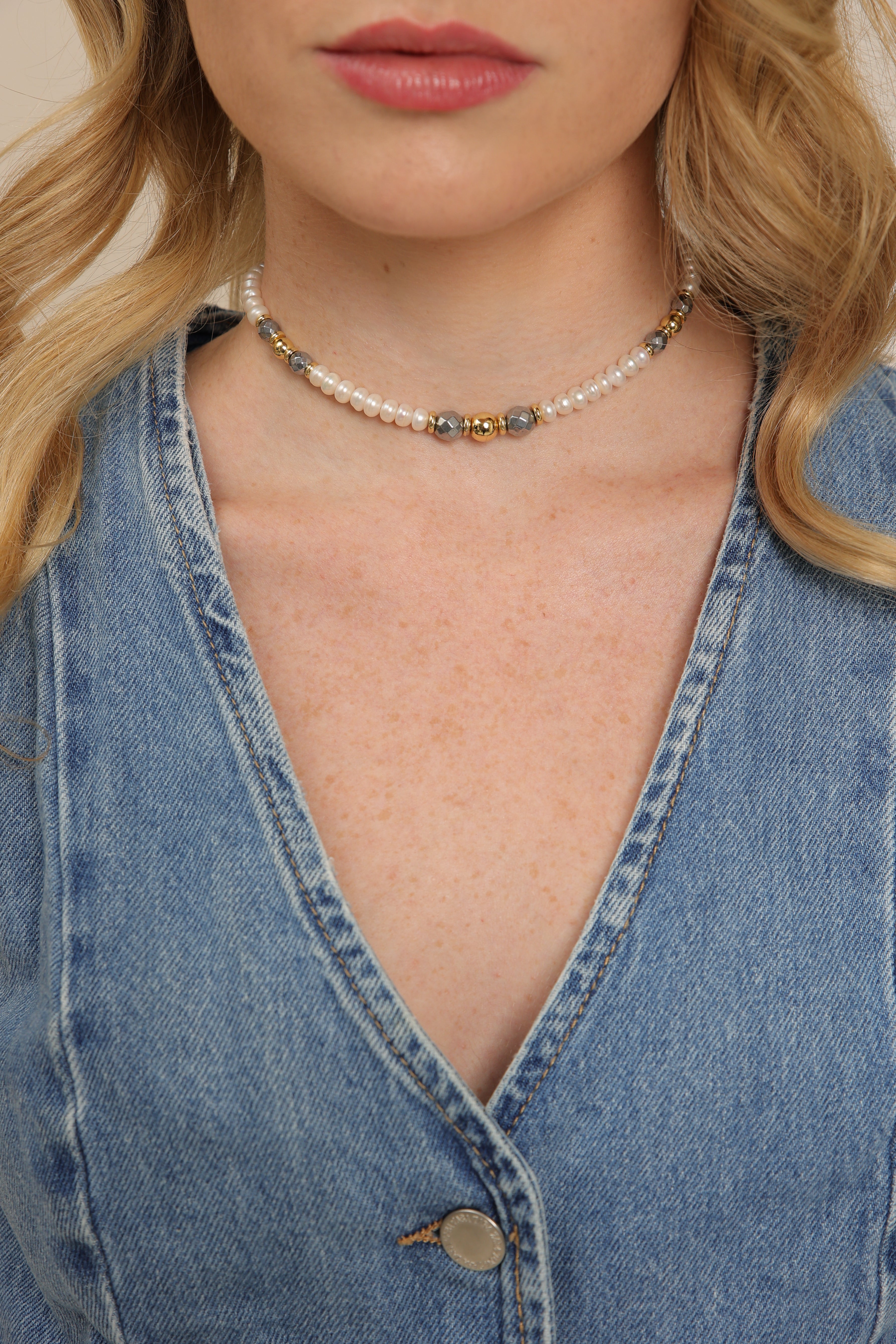 Pearl Choker - Hematite & Spheres