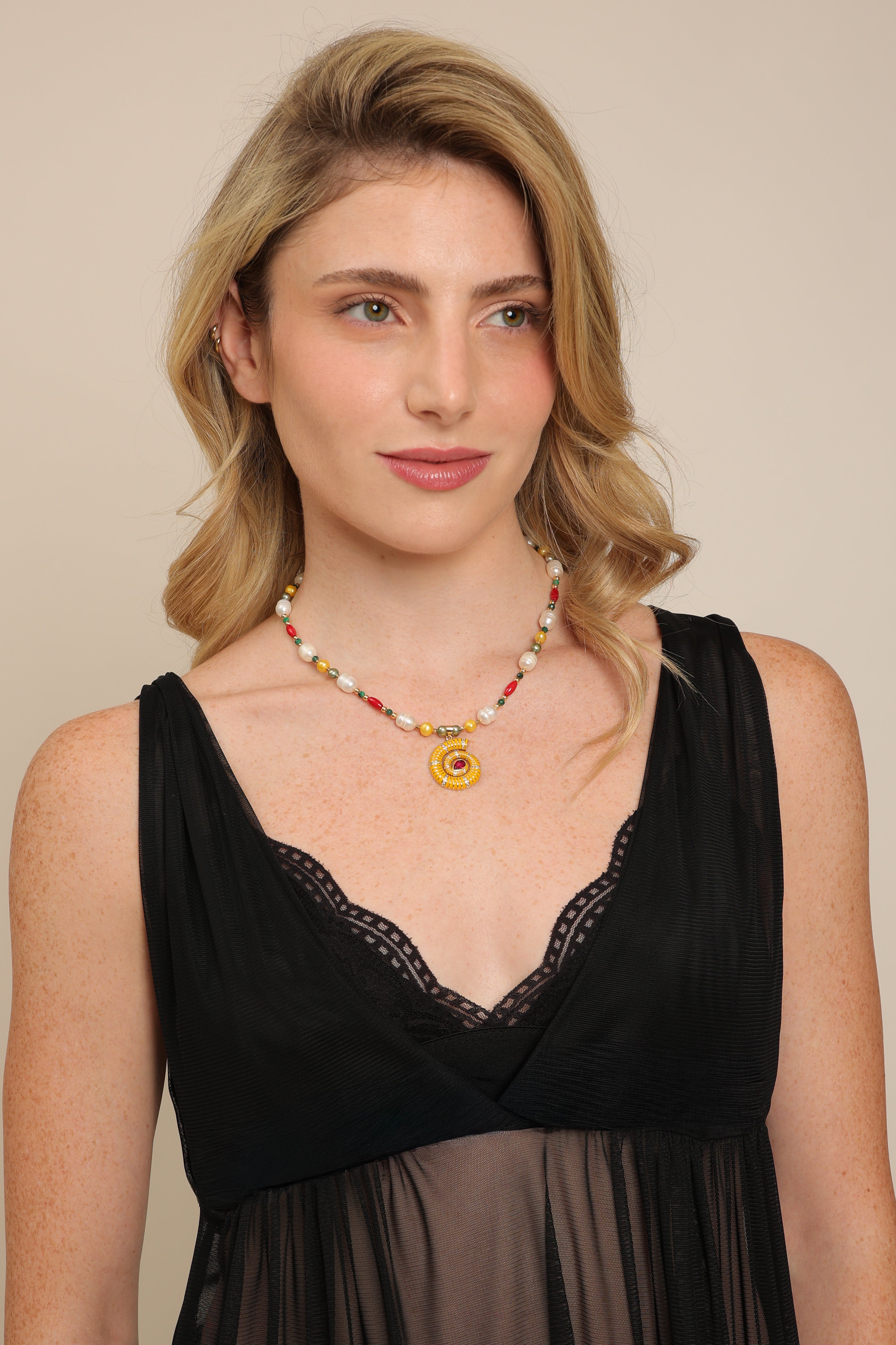 Pearl Necklace with Nautilus Shell Pendant