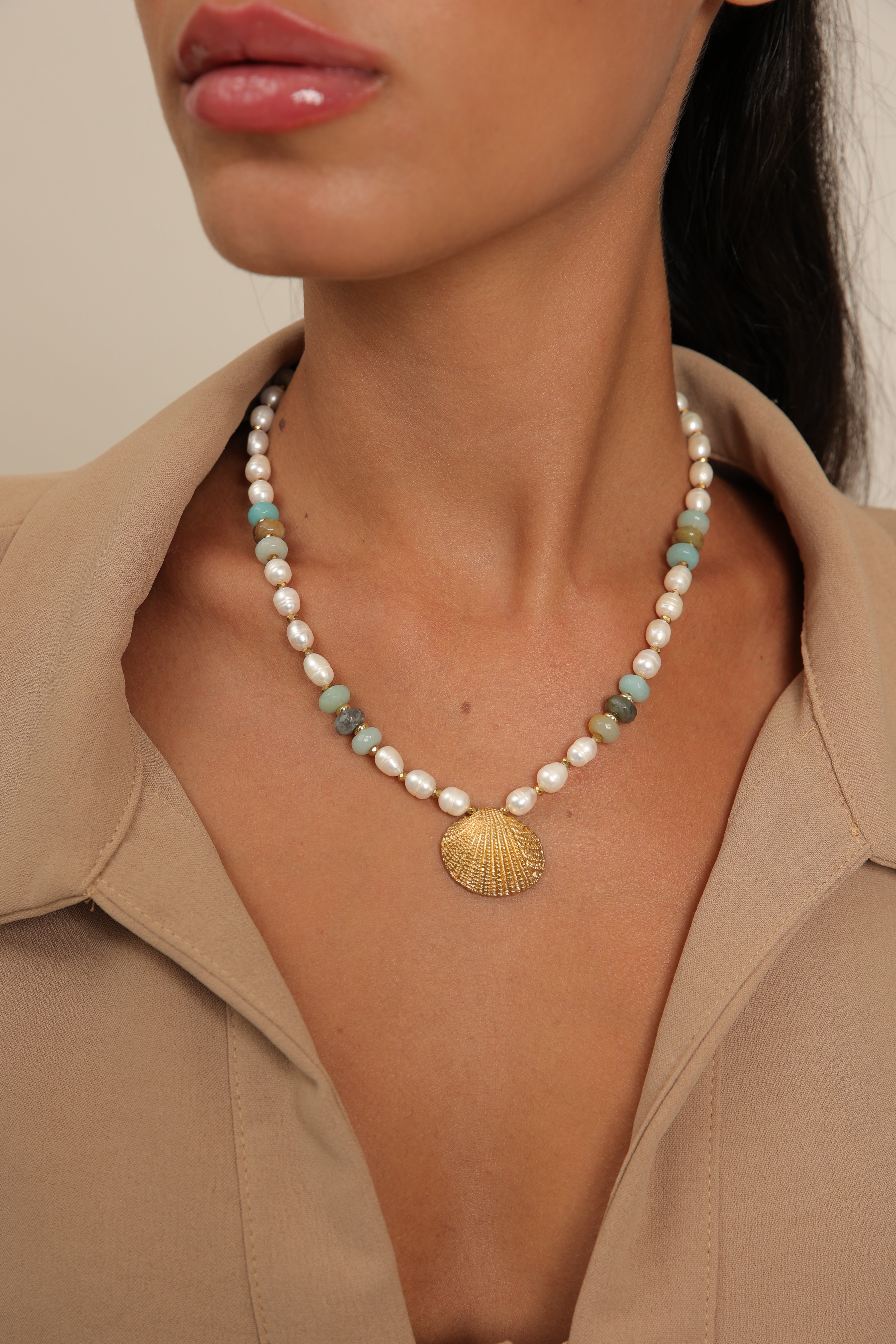 Pearl Necklace - Amazonite & Seashell Pendant
