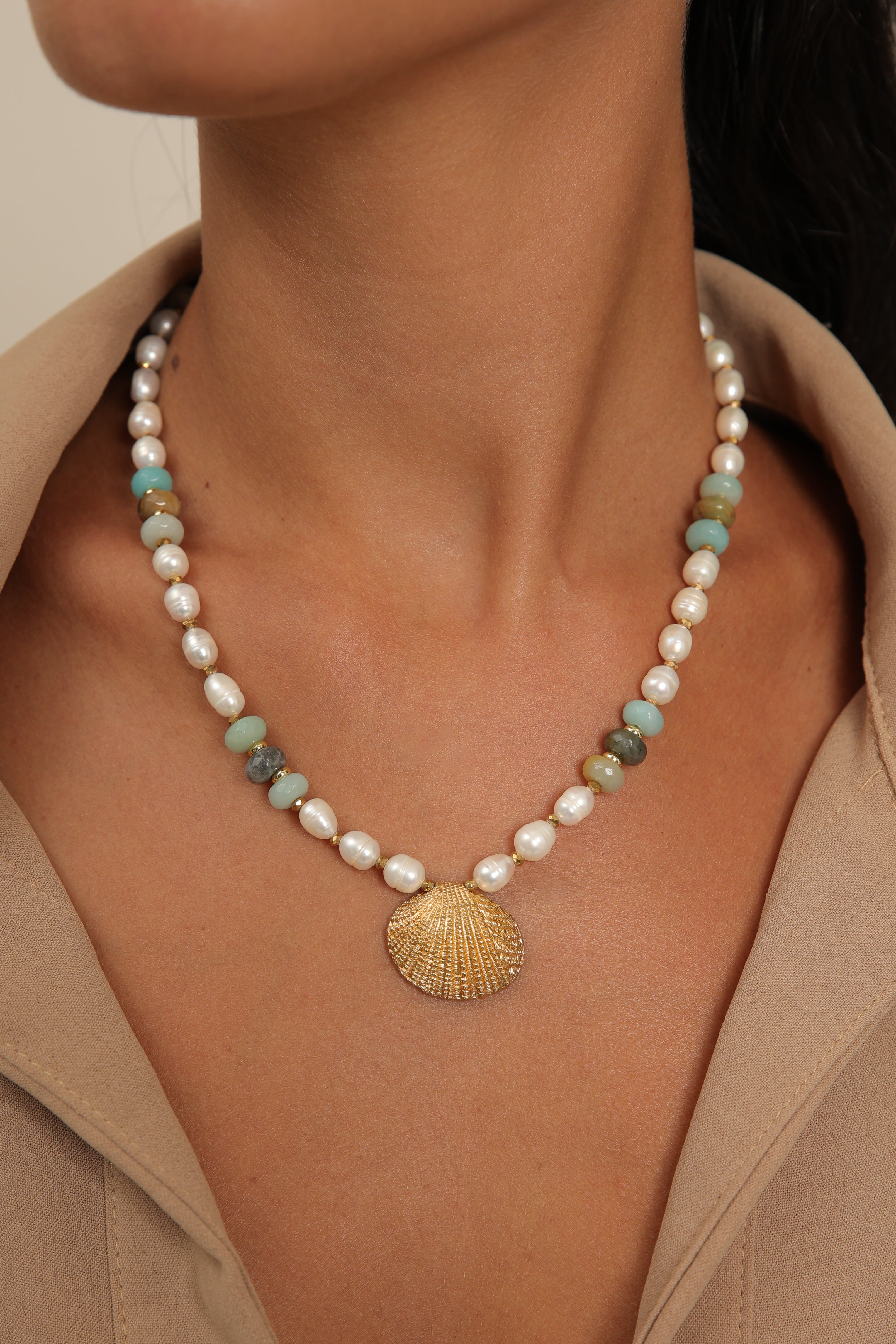 Pearl Necklace - Amazonite & Seashell Pendant