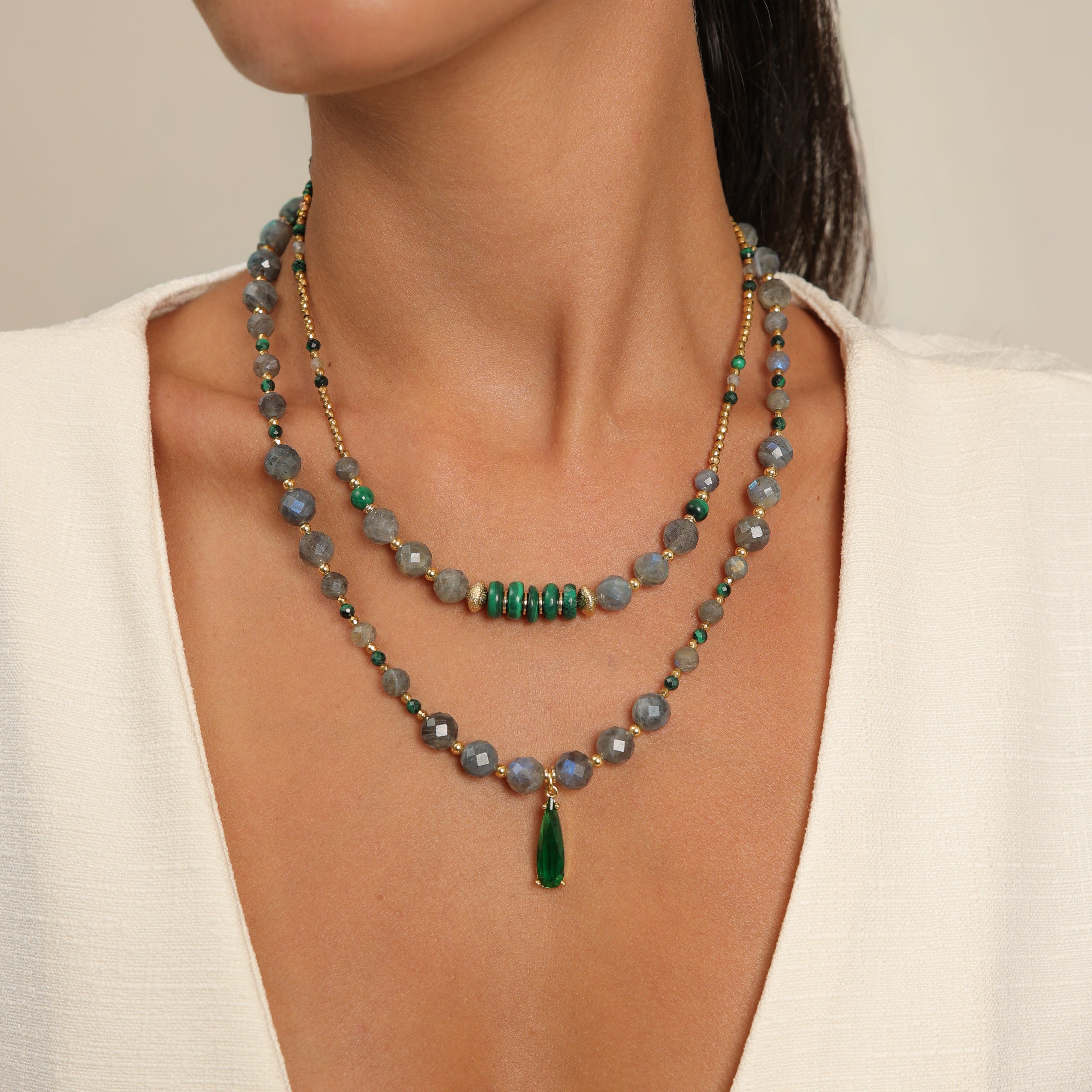 Gargantilla de labradorita y malaquita