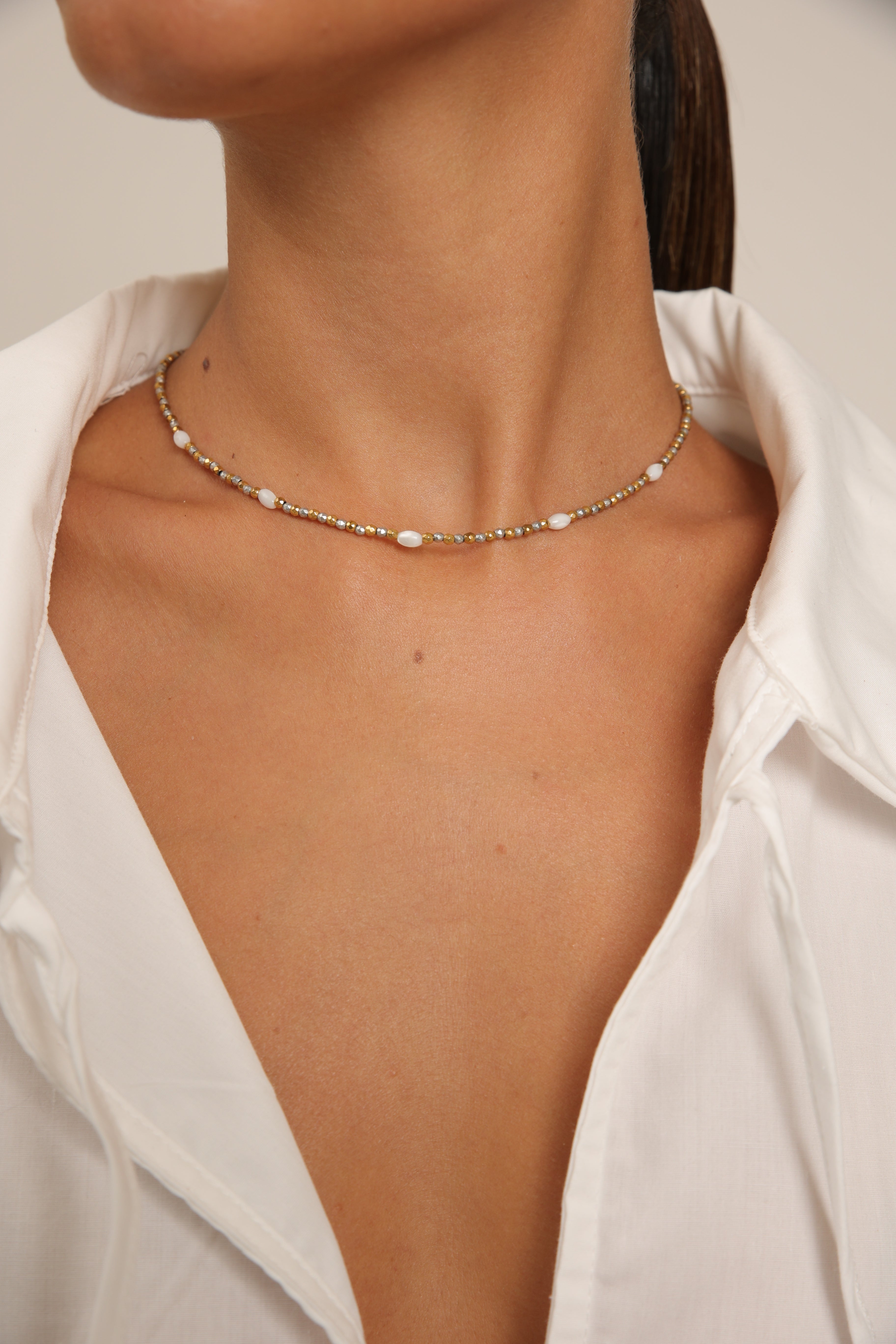 Hematite Choker with Rice Pearls