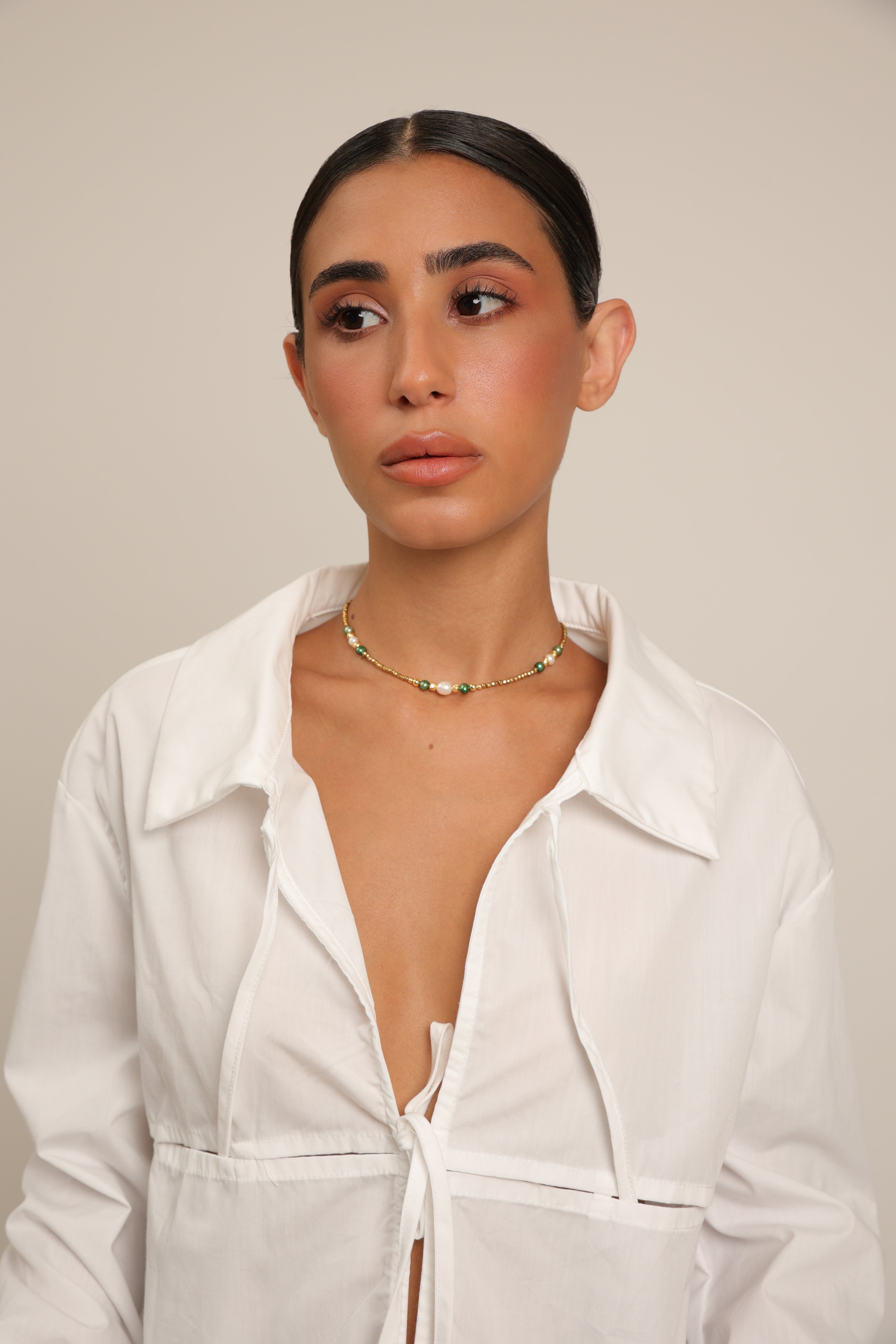 Hematite Choker with Green & White Pearls