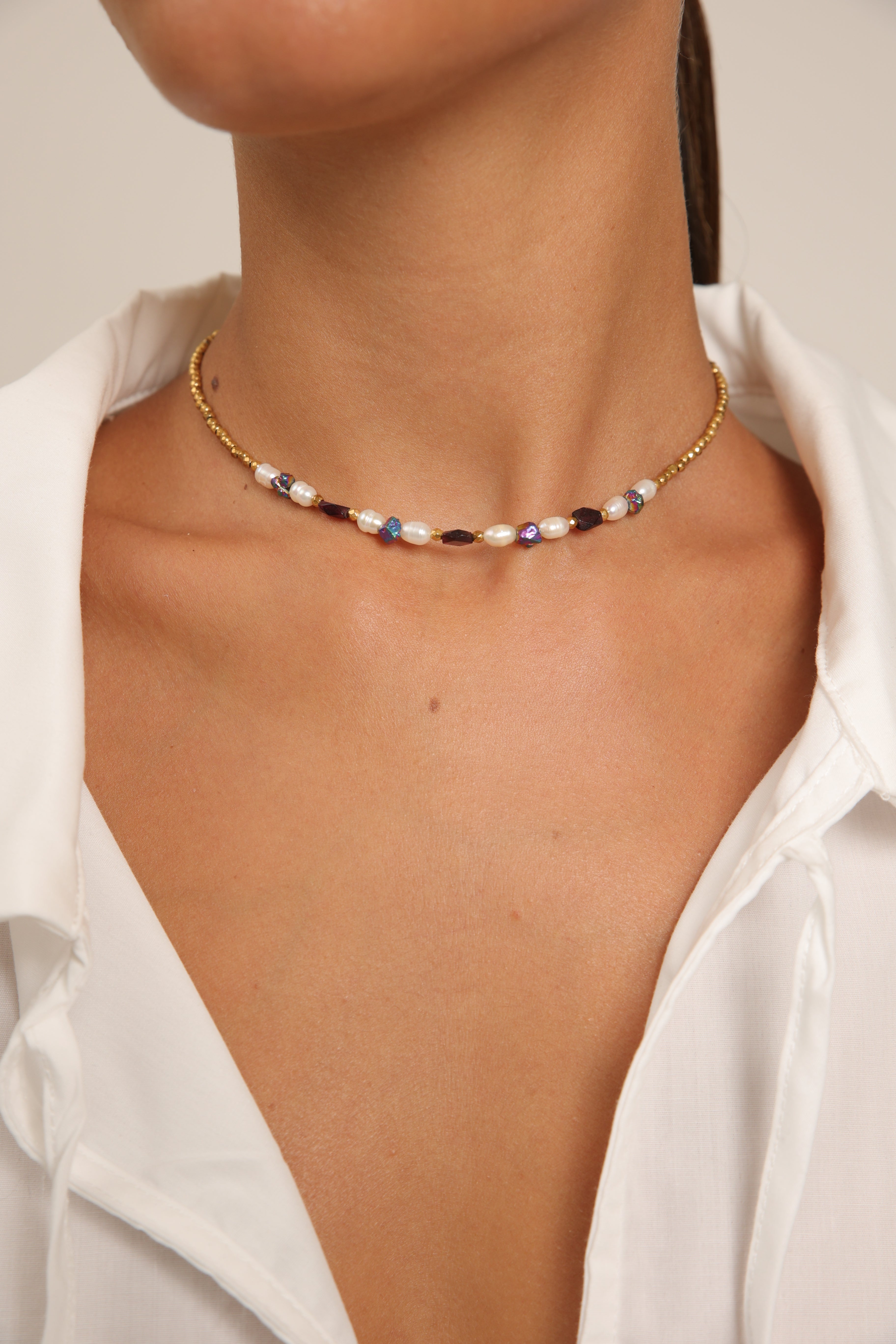 Hematite Choker with Pearl, Pyrite & Garnet