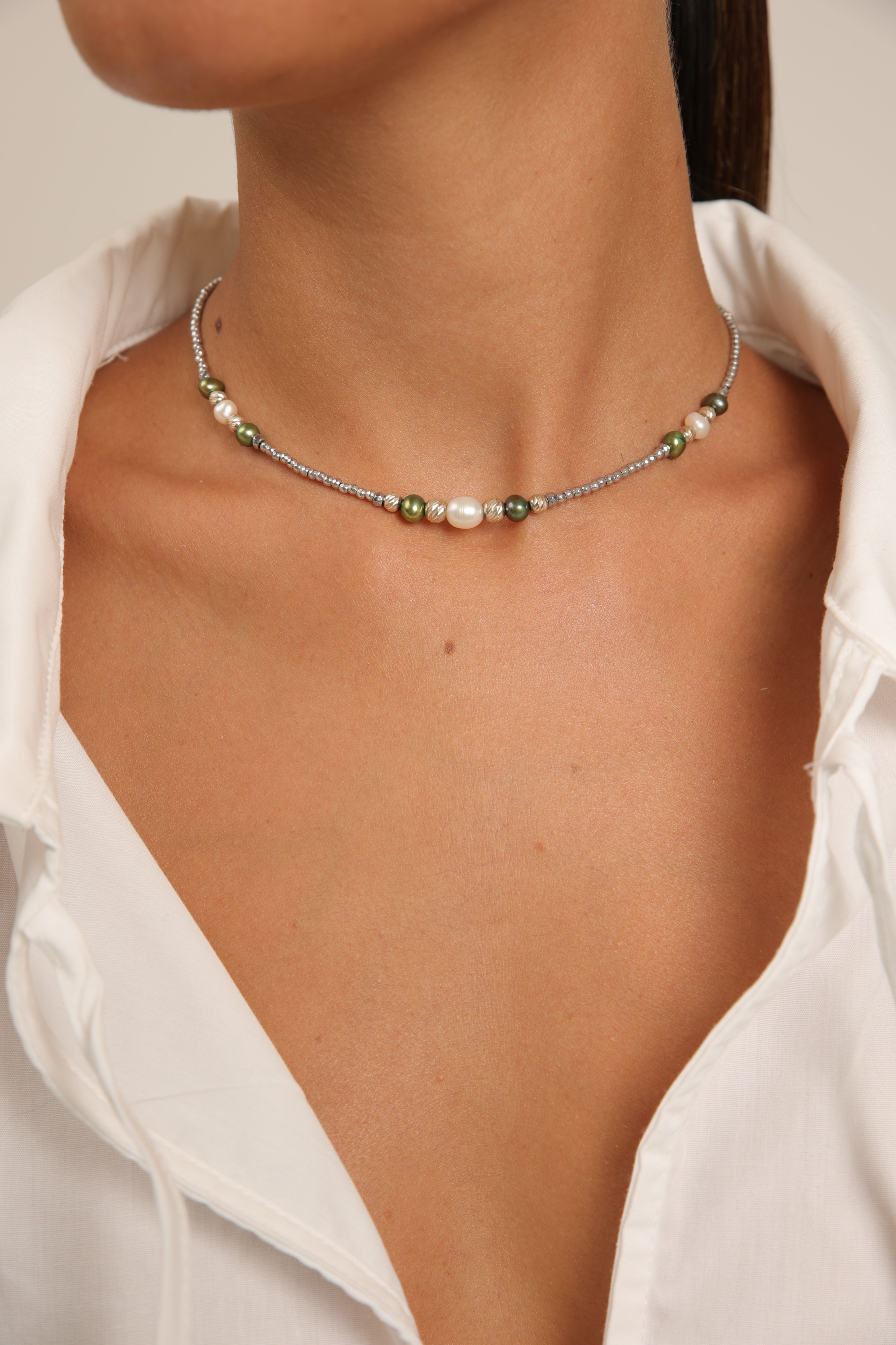 Hematite Choker with Green & White Pearls
