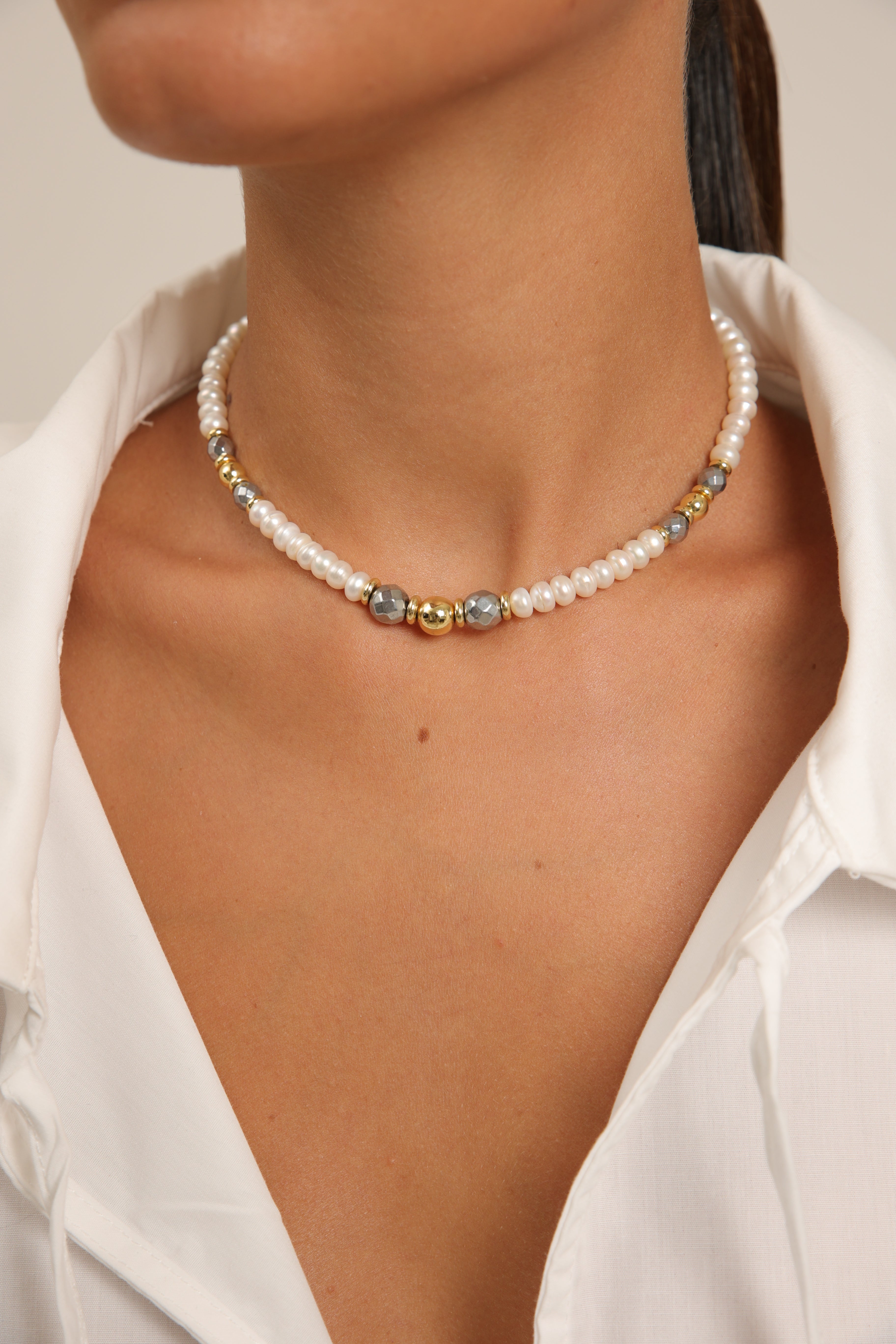 Pearl Choker - Hematite & Spheres
