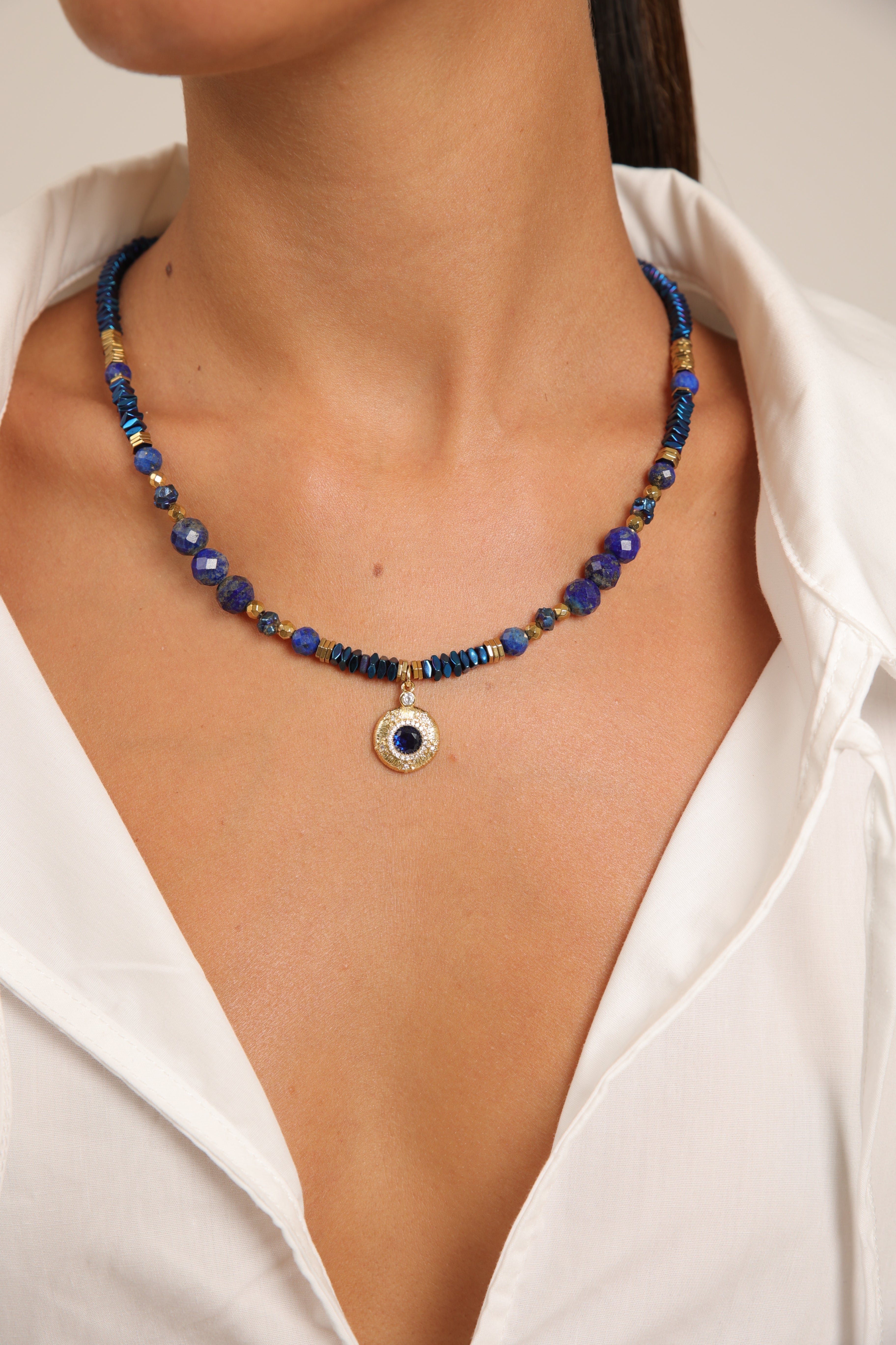 Hematite Necklace with Lapis Lazuli & Pyrite