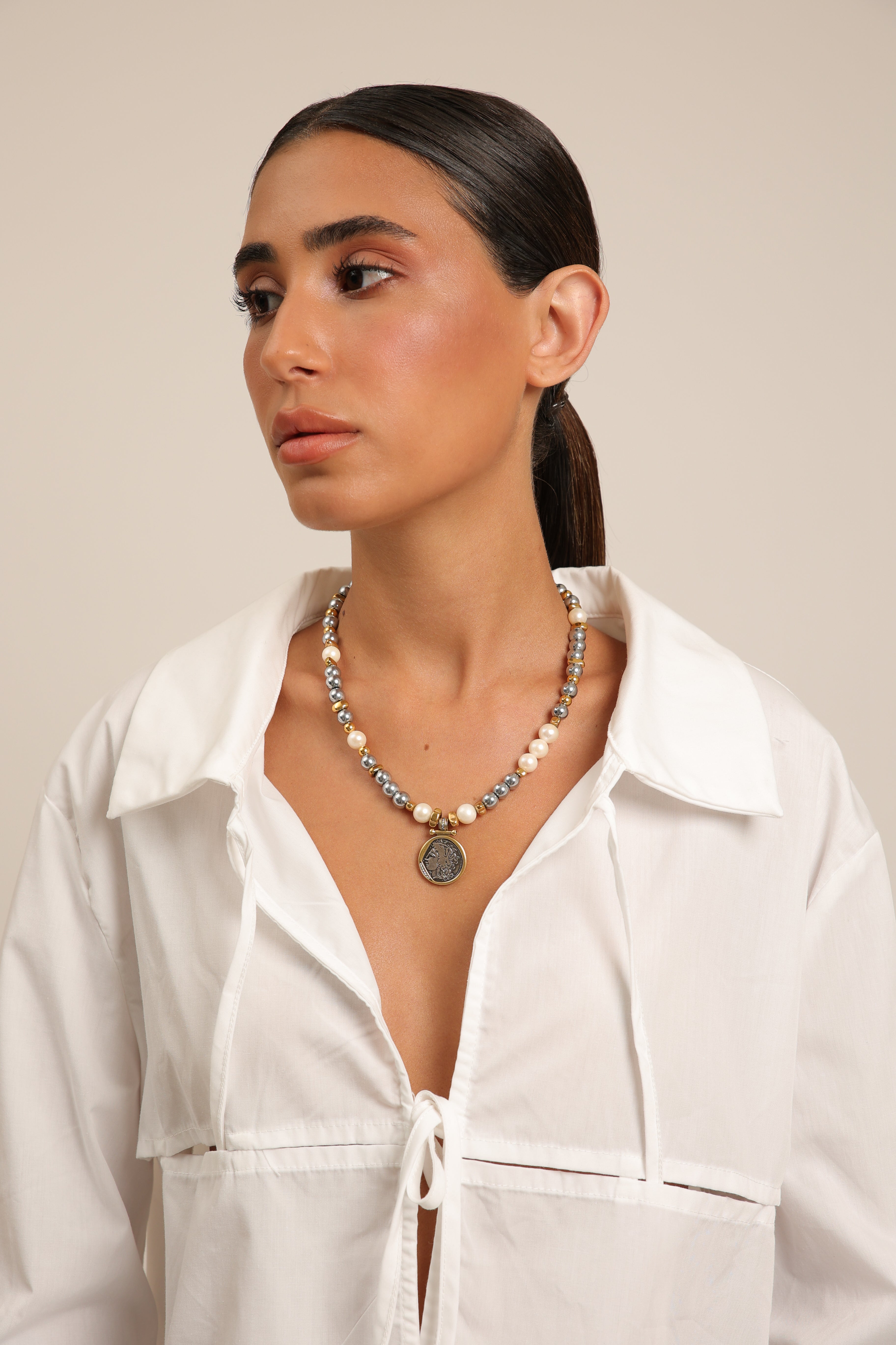 Hematite Necklace with Roman Coin Pendant
