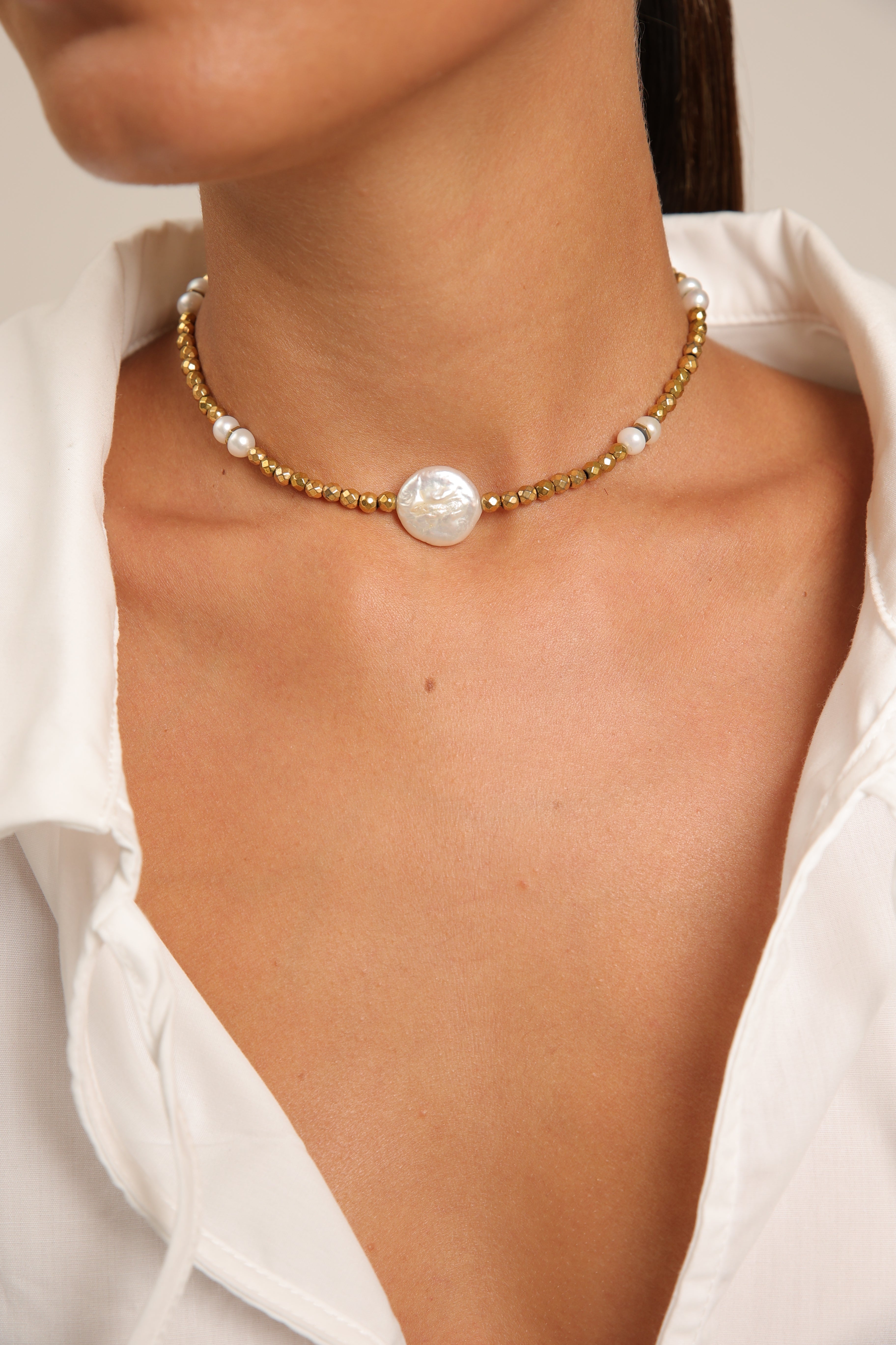 Hematite Choker with Pearls
