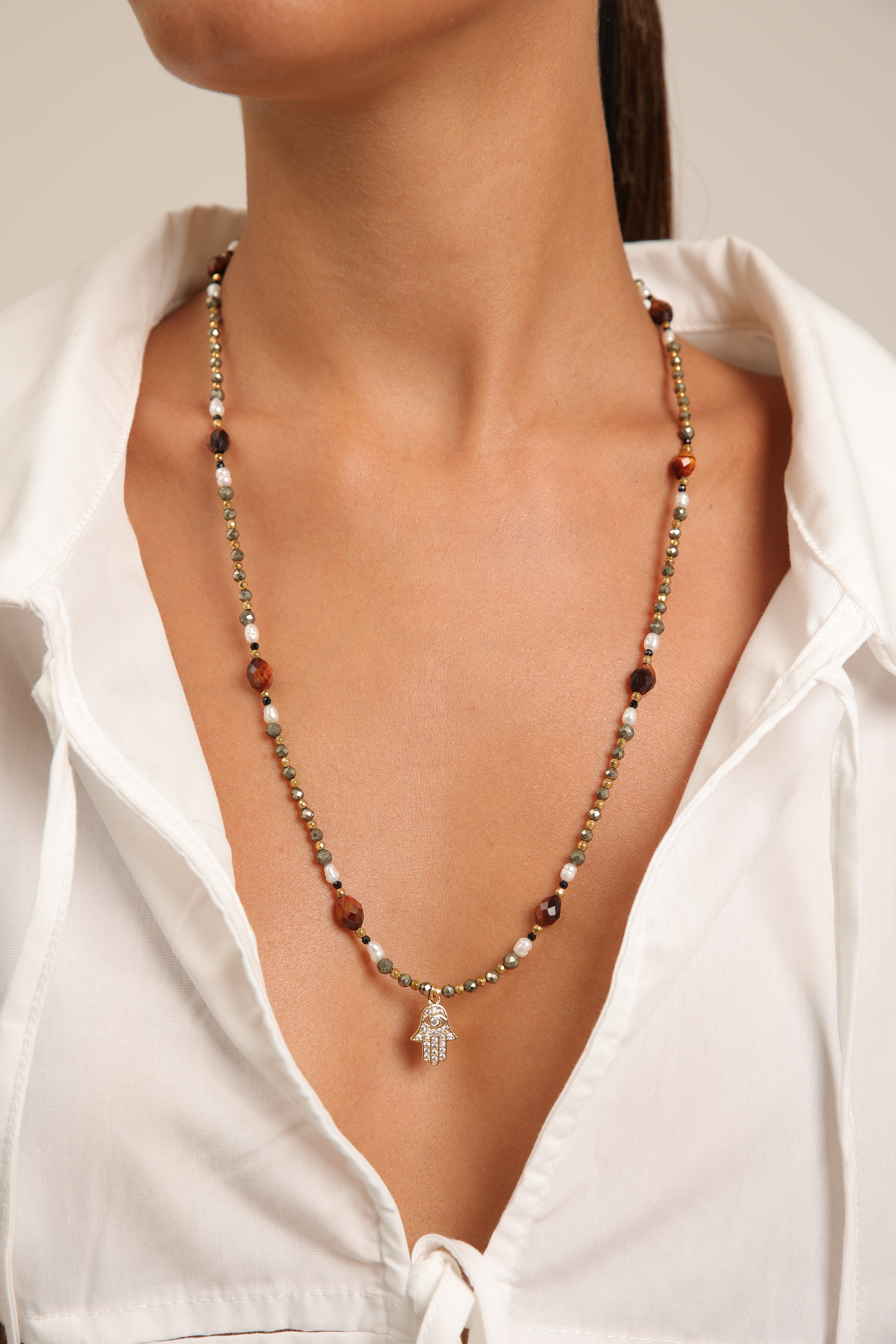 Pyrite Necklace with Rice Pearls & Tiger’s Eye