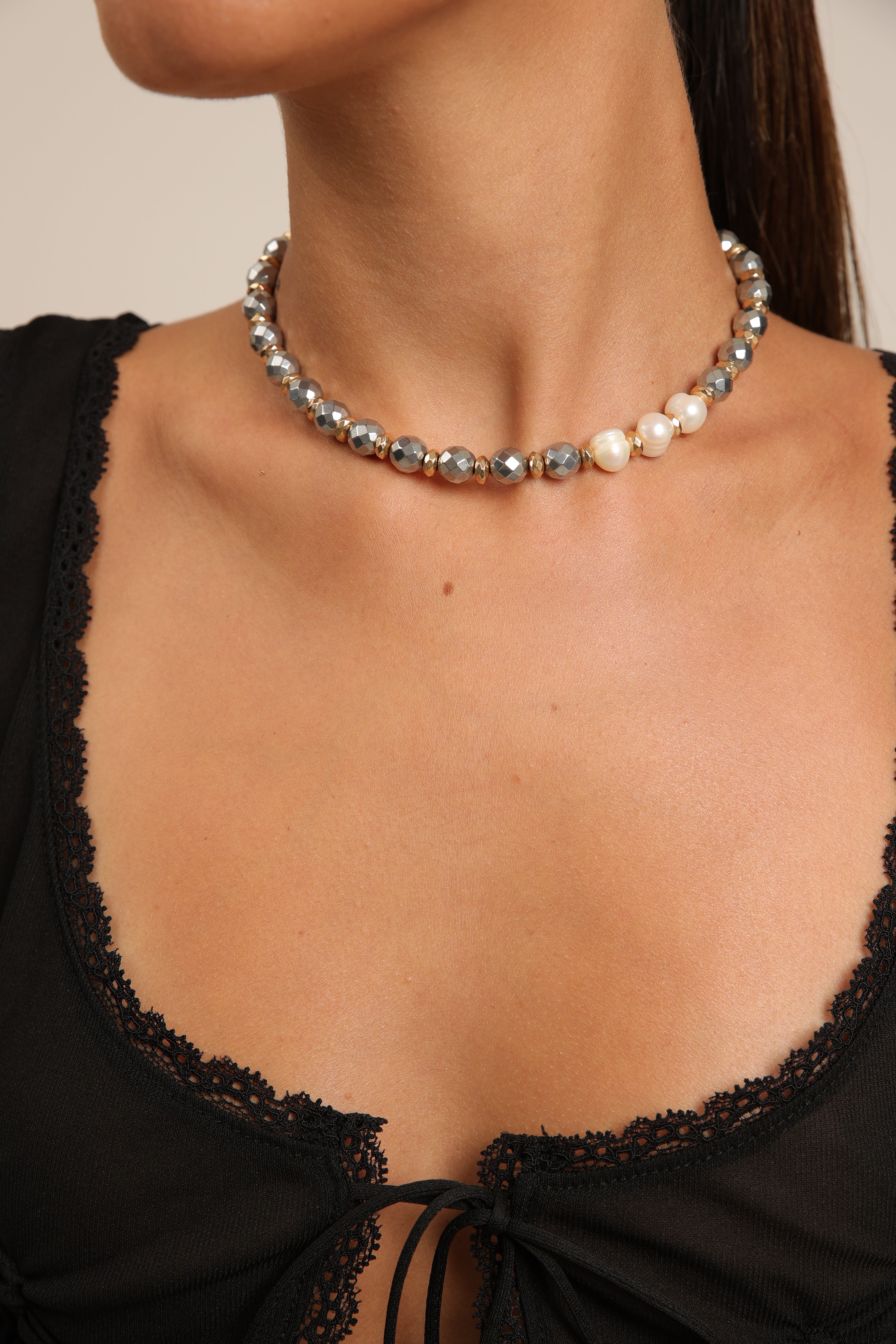 Hematite Choker with Pearls