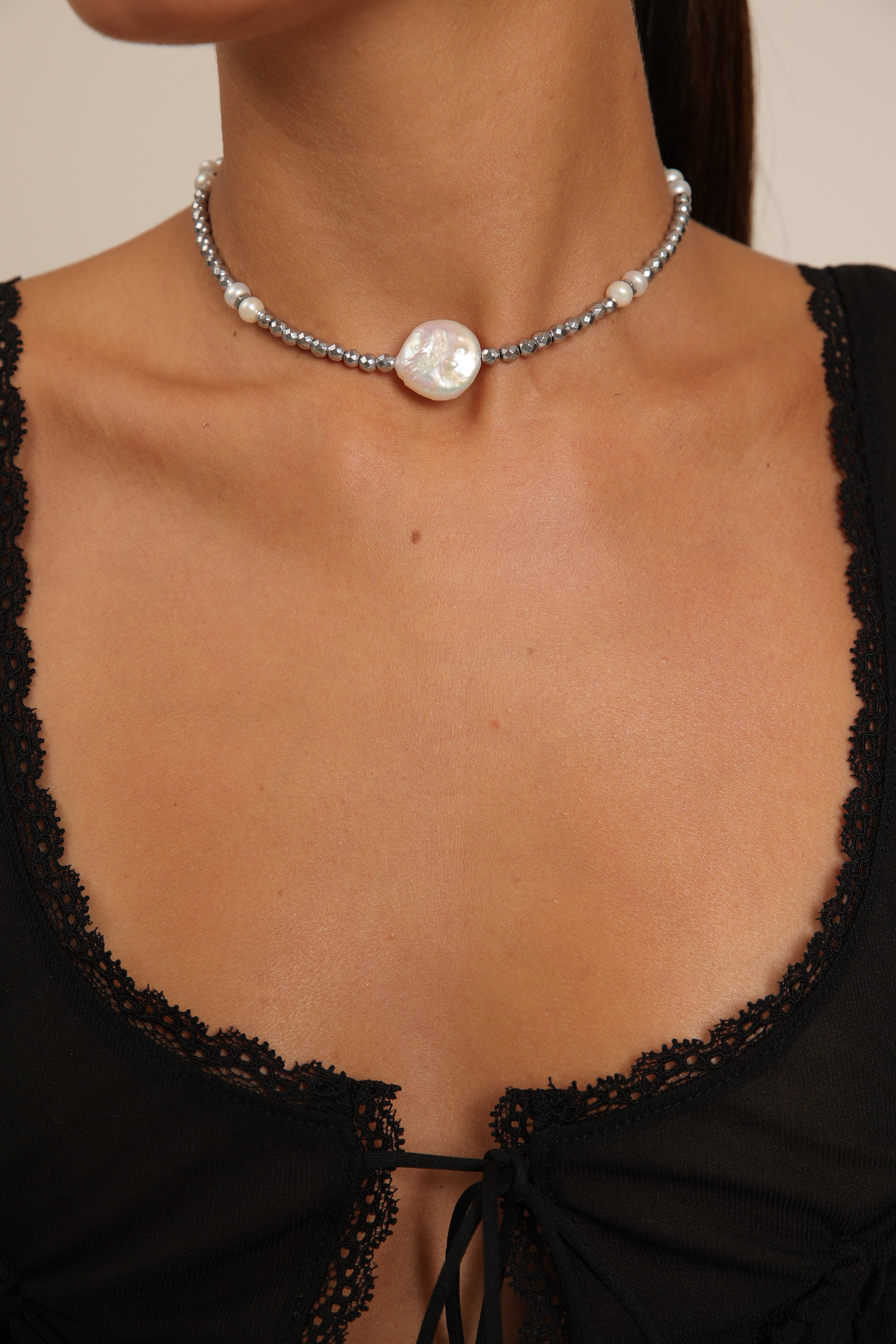 Hematite Choker with Pearls