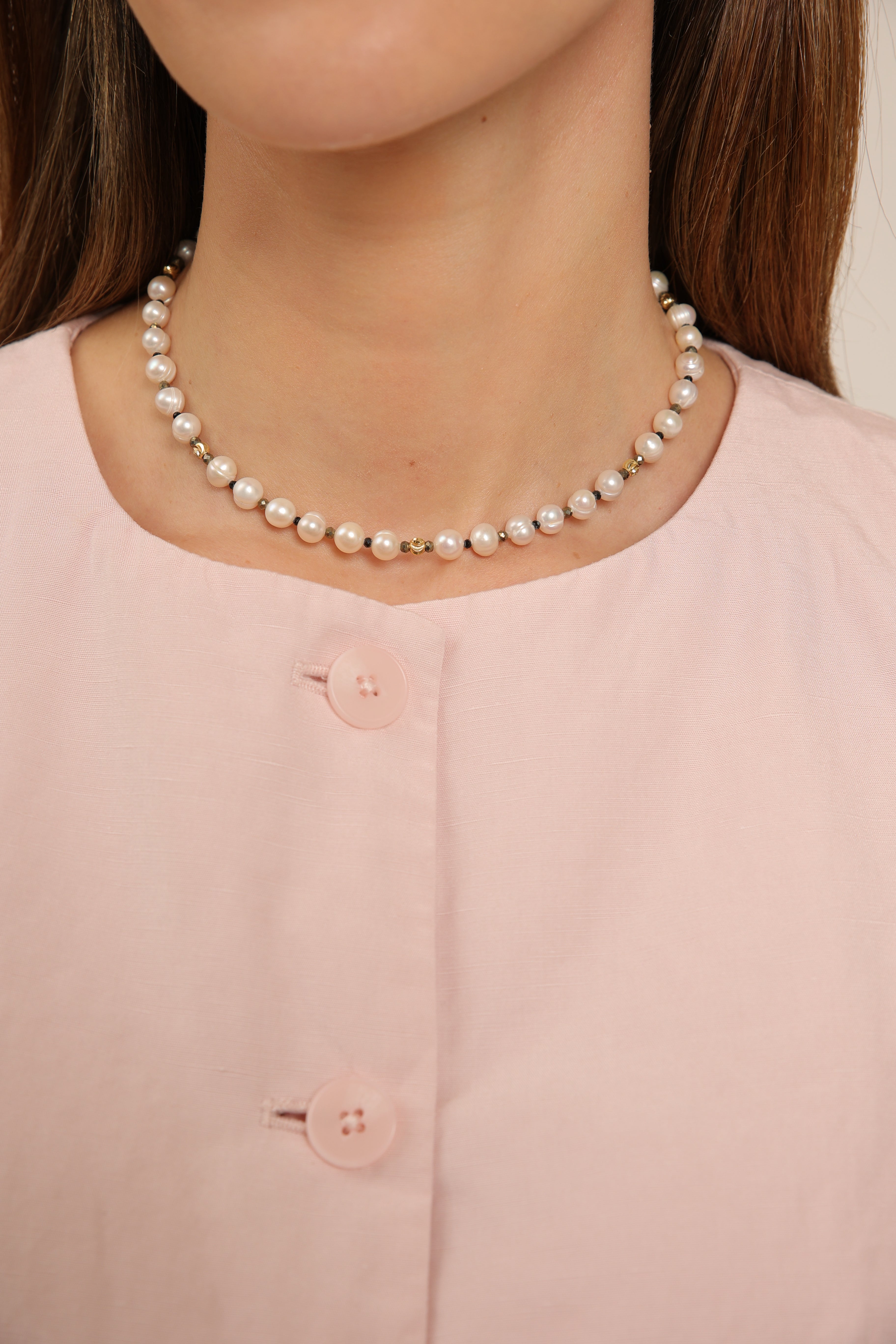 Pearl Choker - Pyrite & Onyx