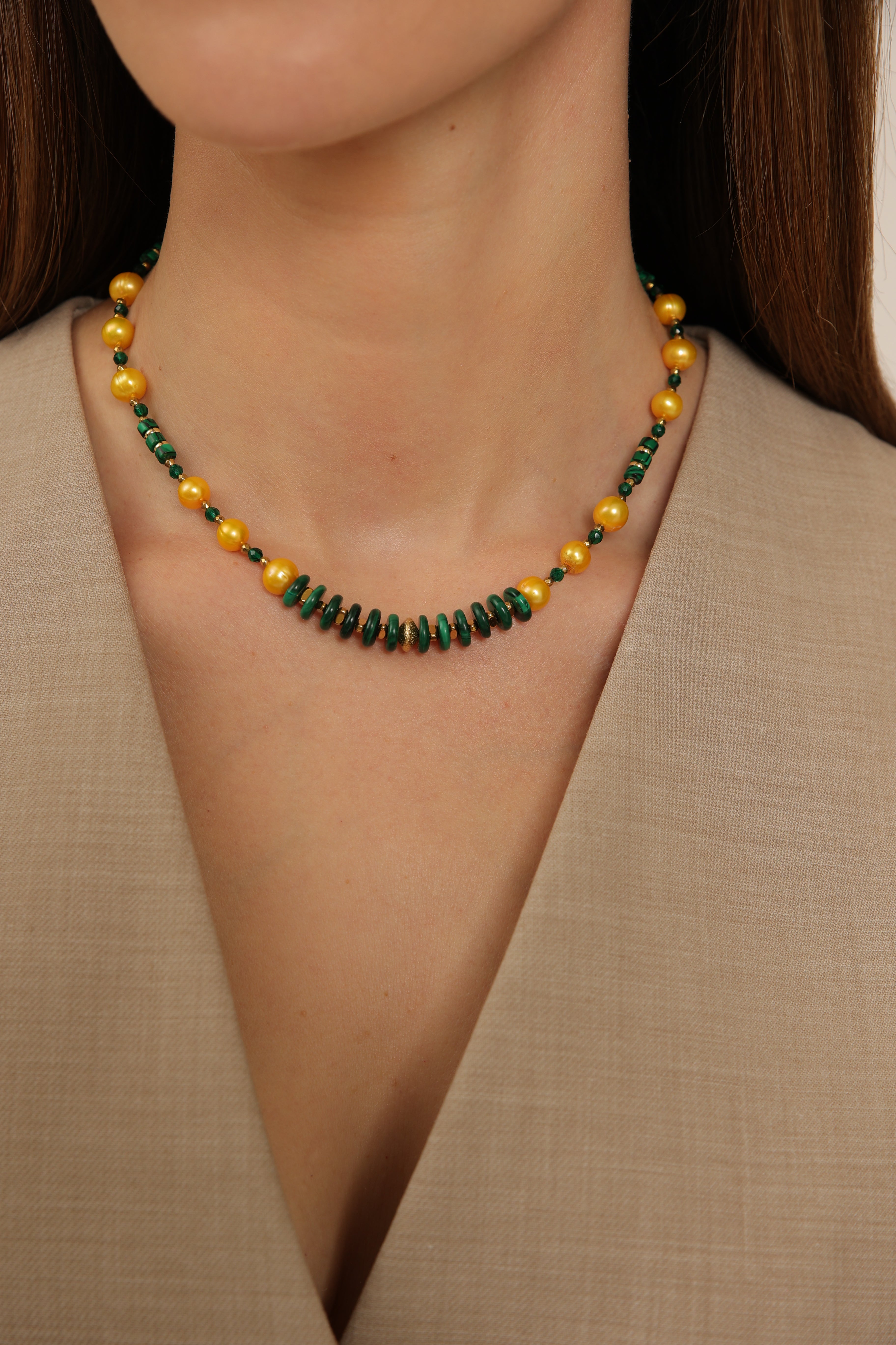 Pearl Necklace with Yellow Pearls & Malachite