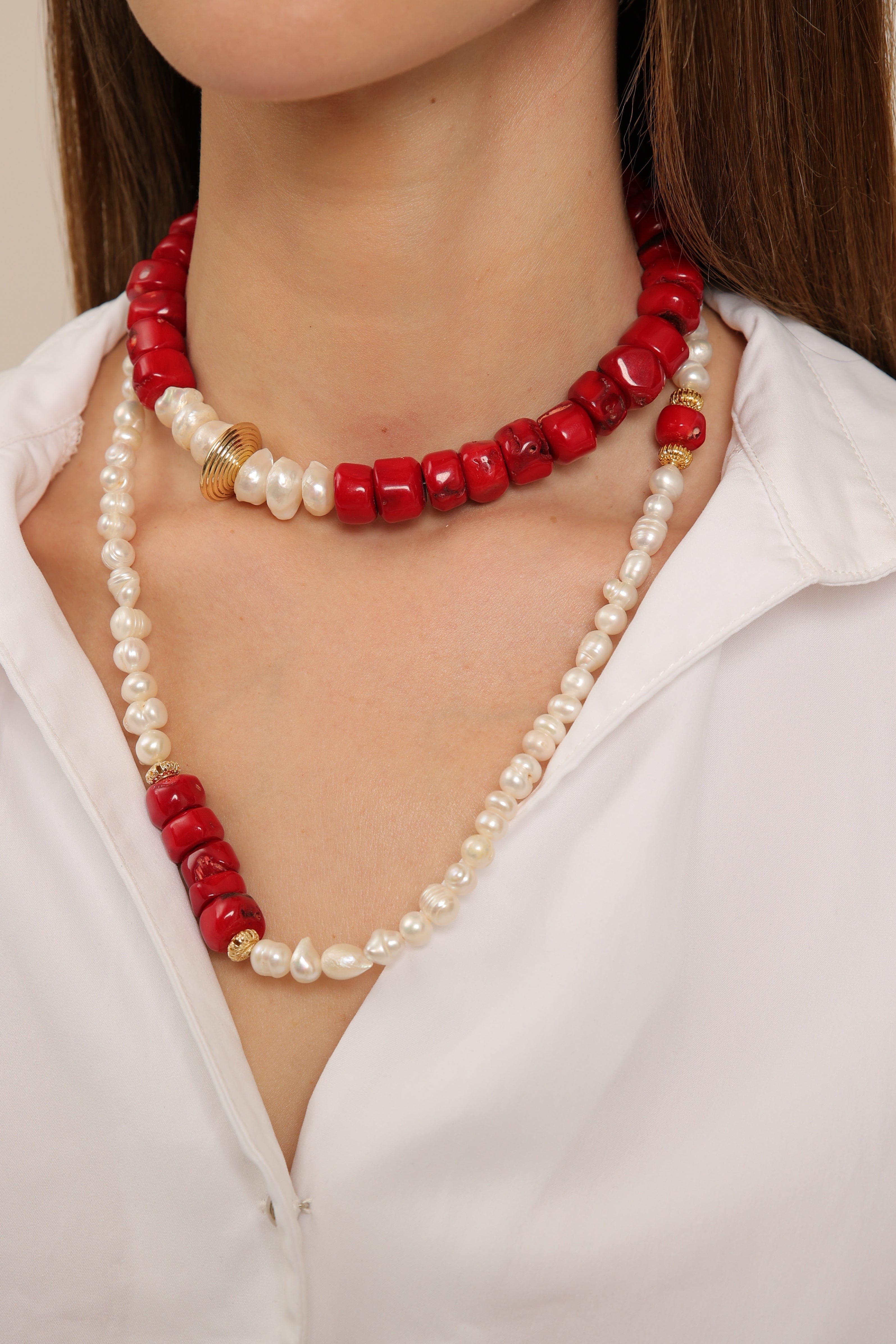 Red Coral Choker with Pearls