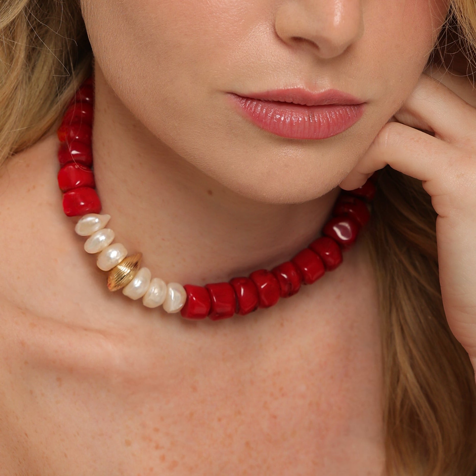Red Coral Choker with Pearls