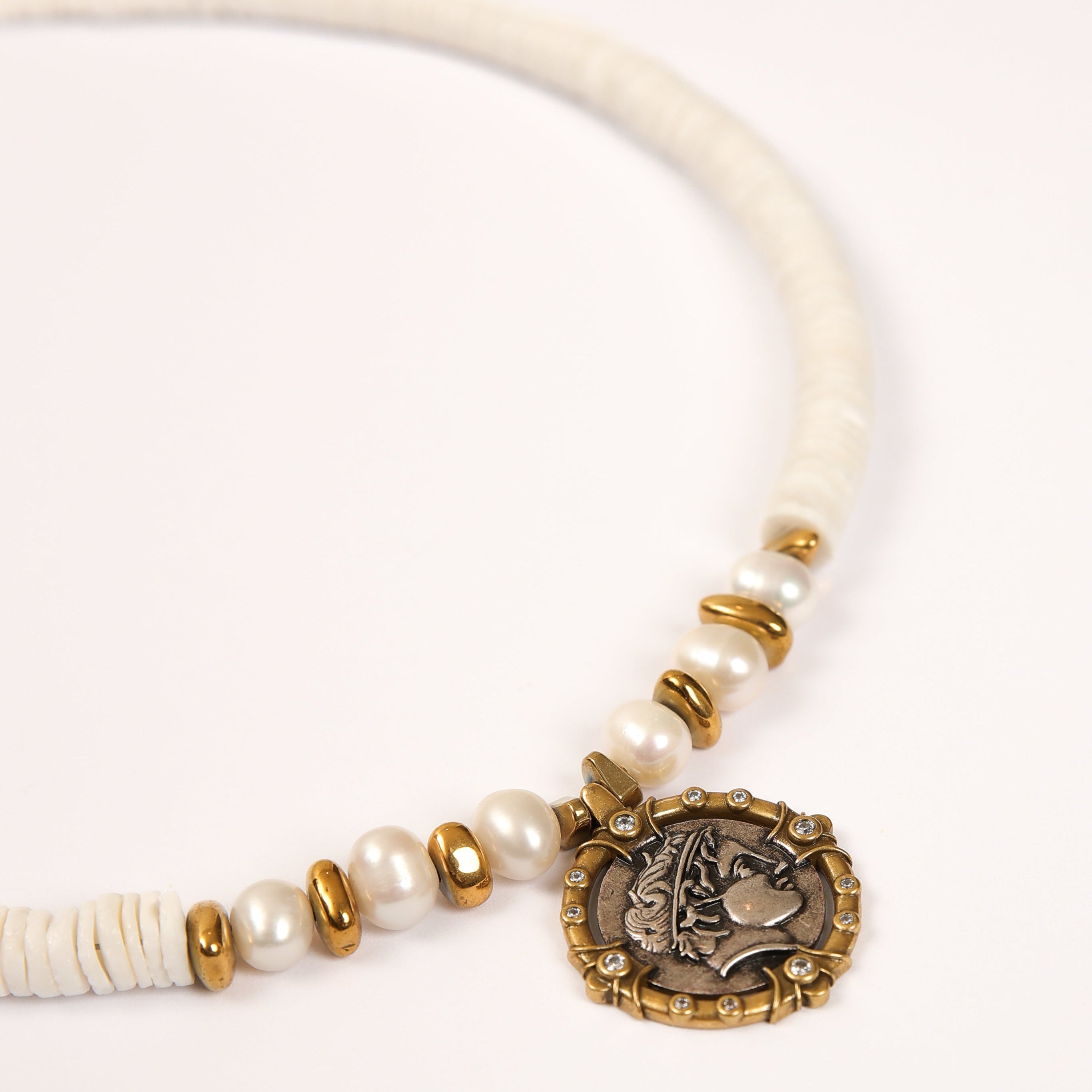 White Shell Necklace with Roman Coin Pendant