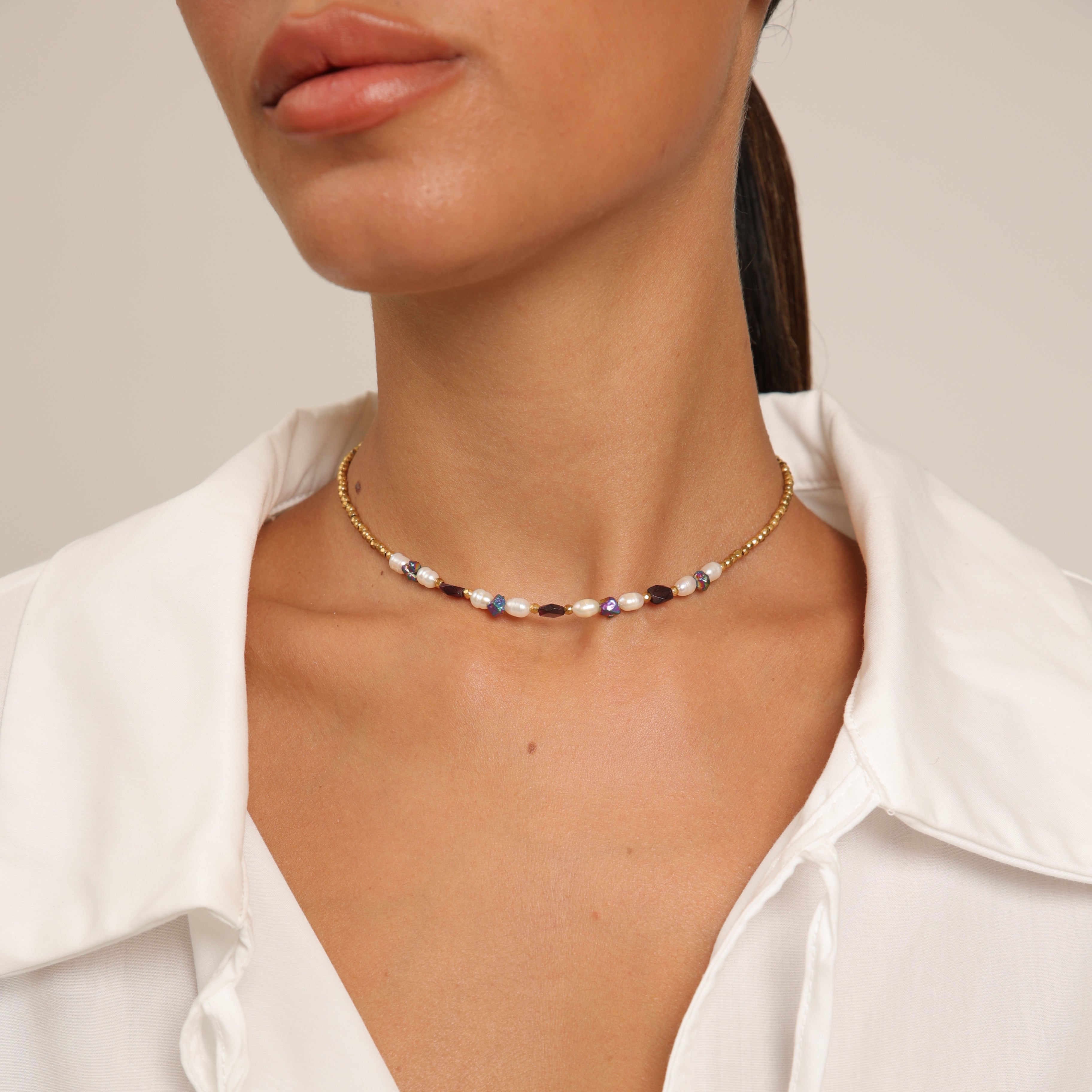 Hematite Choker with Pearl, Pyrite & Garnet