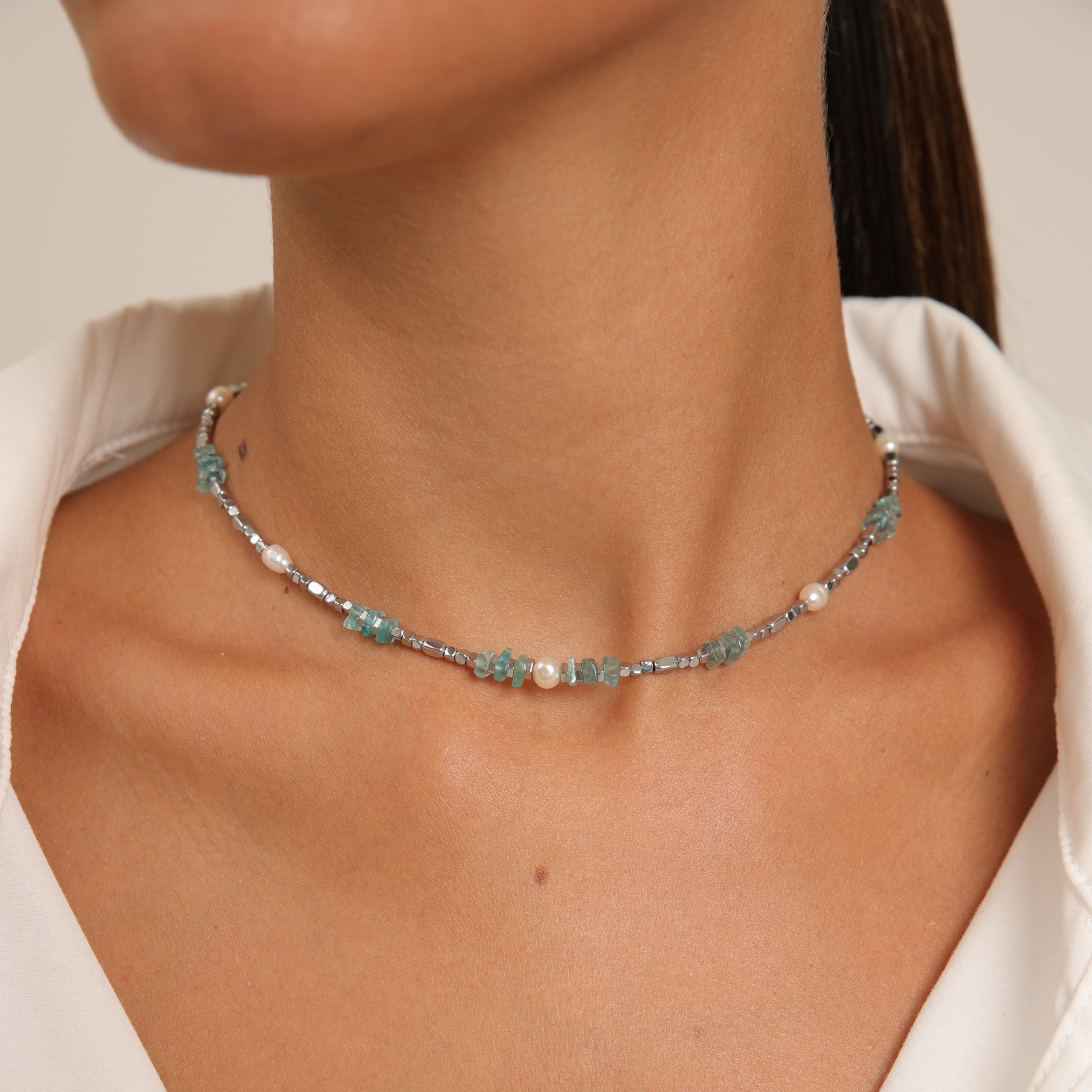 Hematite Choker with Pearl & Blue Apatite