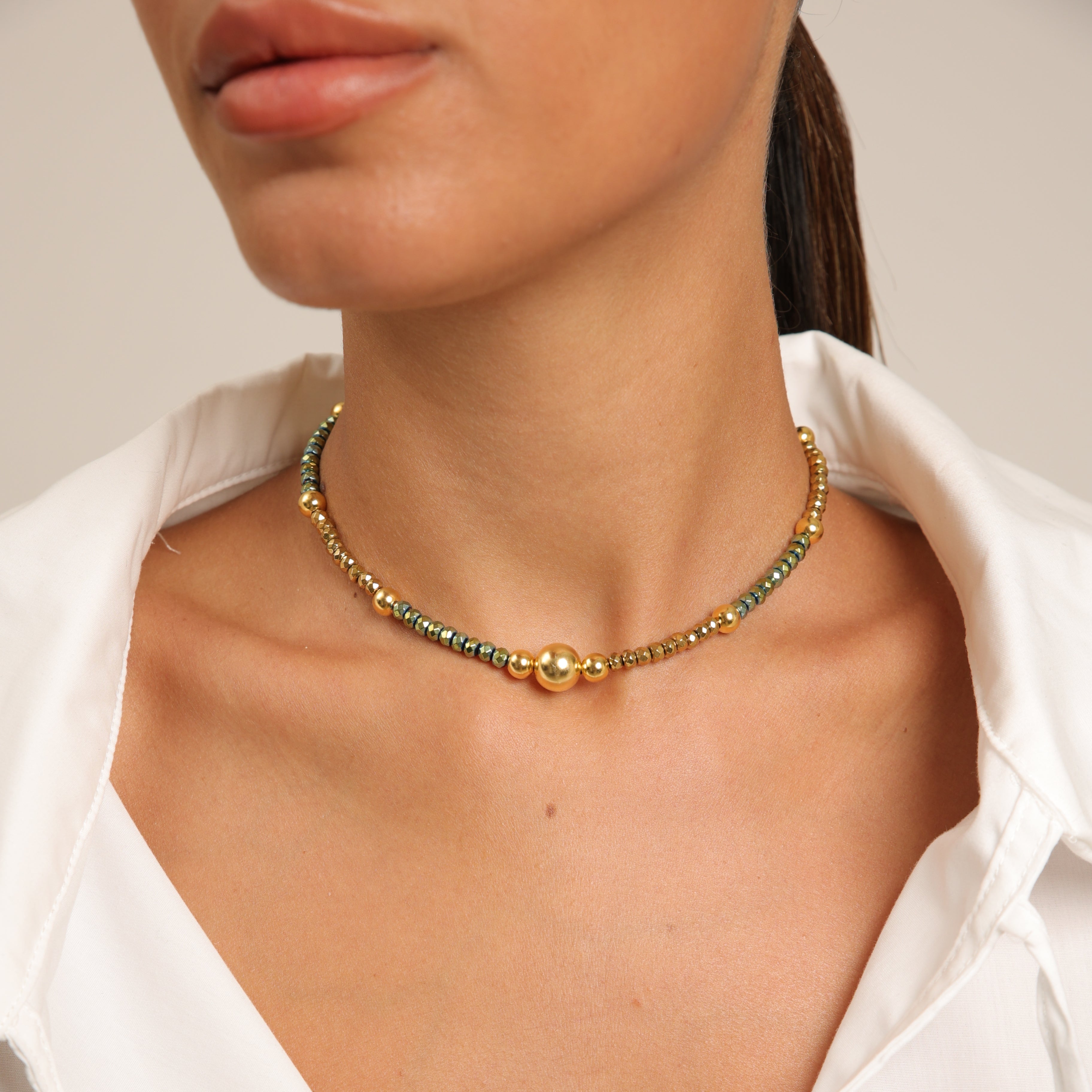 Hematite Choker with Gold Spheres