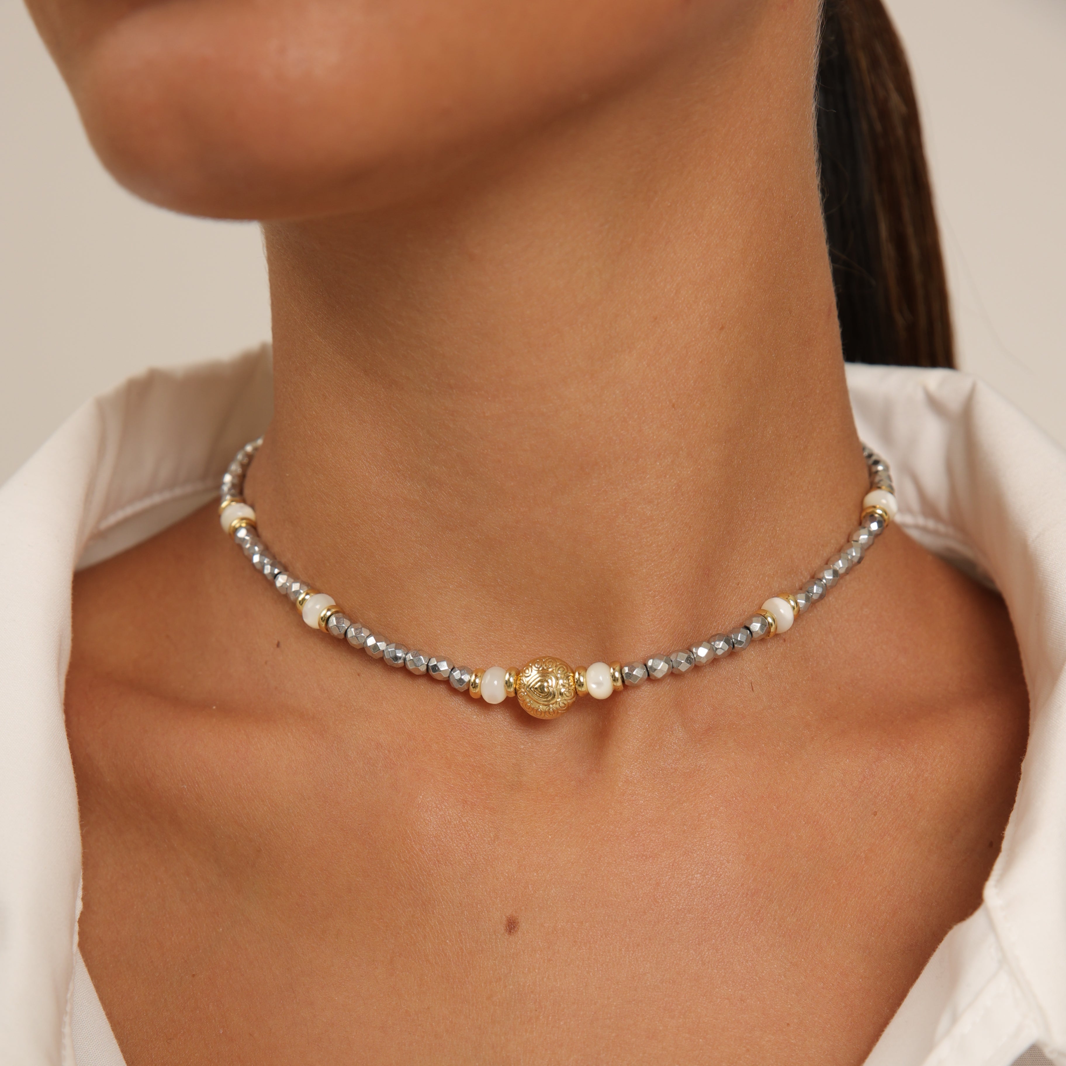 Hematite Choker with Mother of Pearl