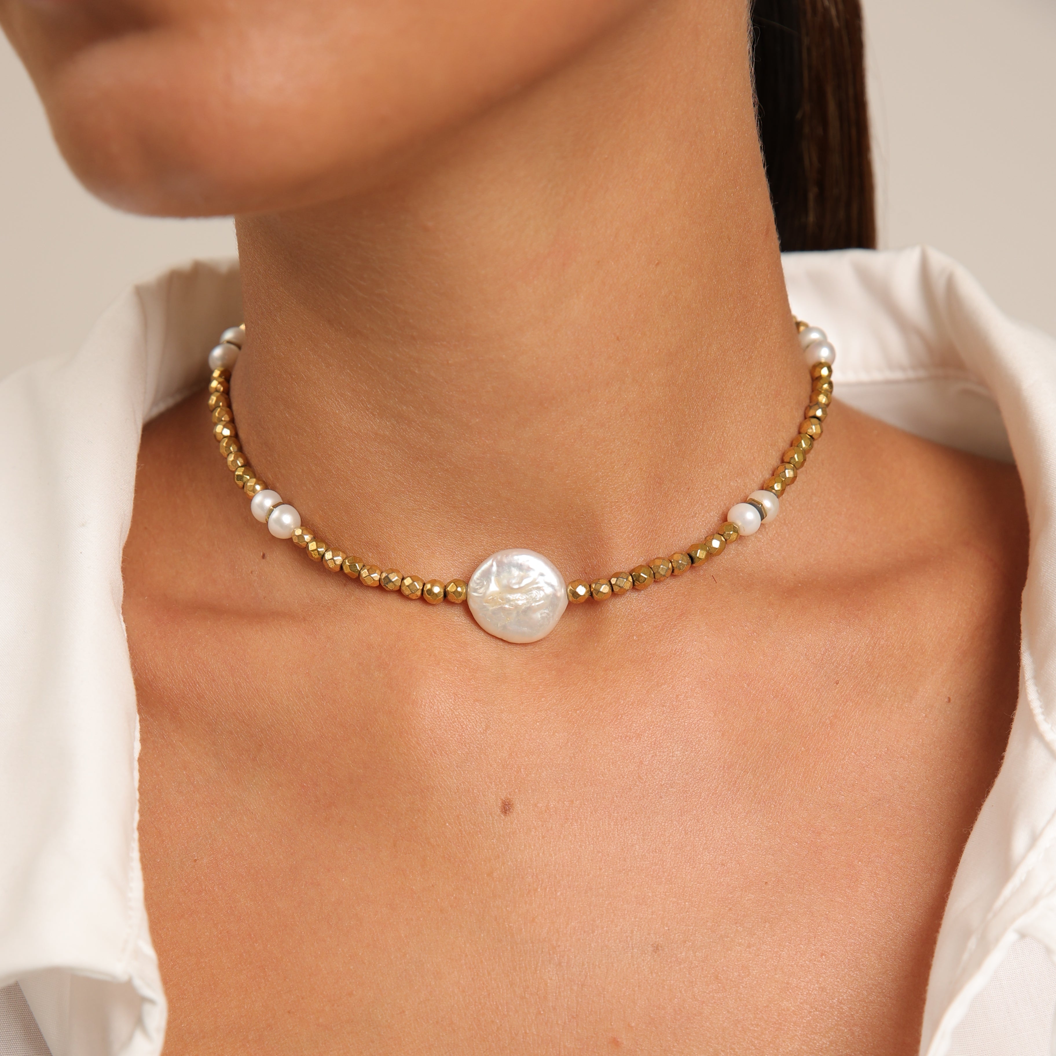 Hematite Choker with Pearls