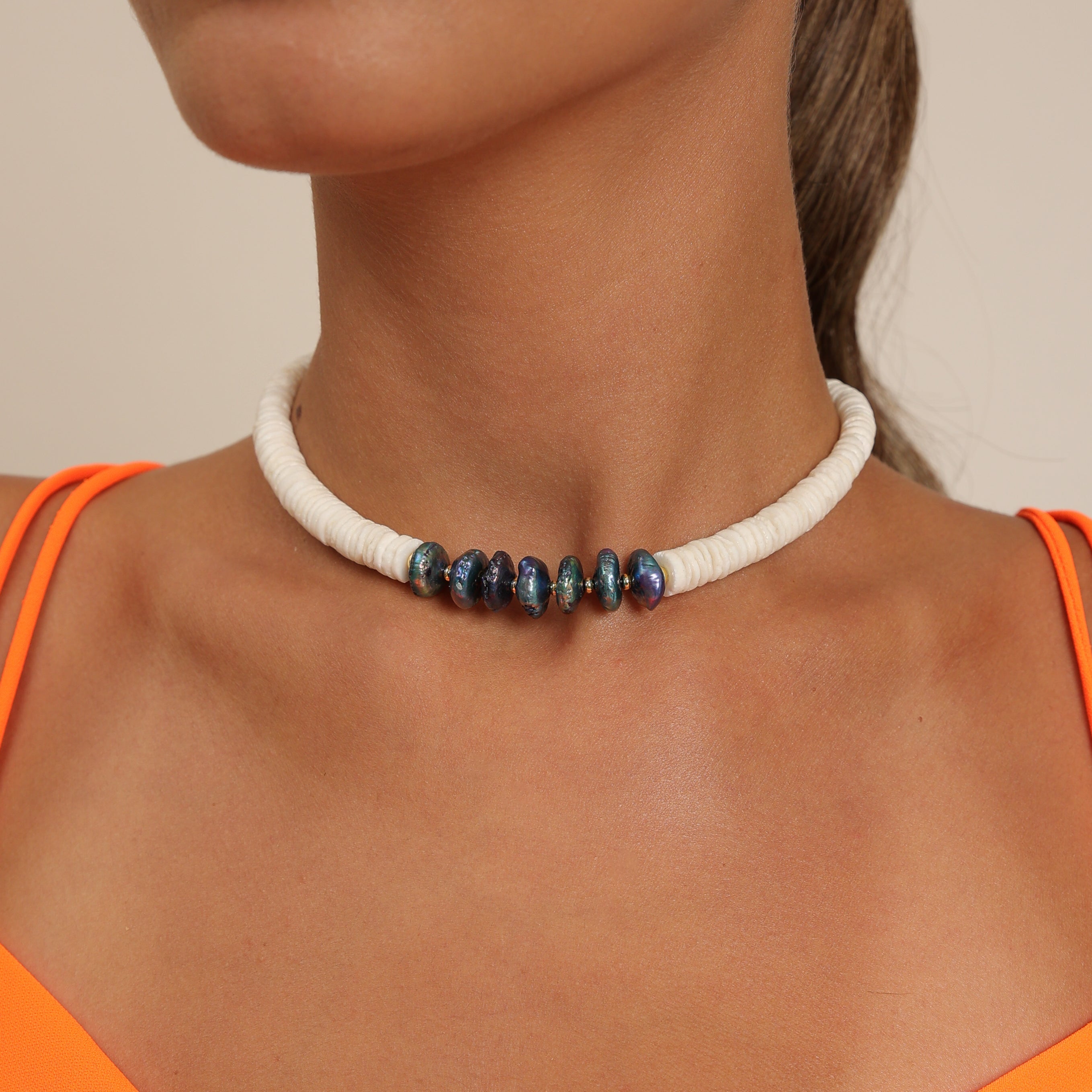 White Shell Choker & Peacock Pearls