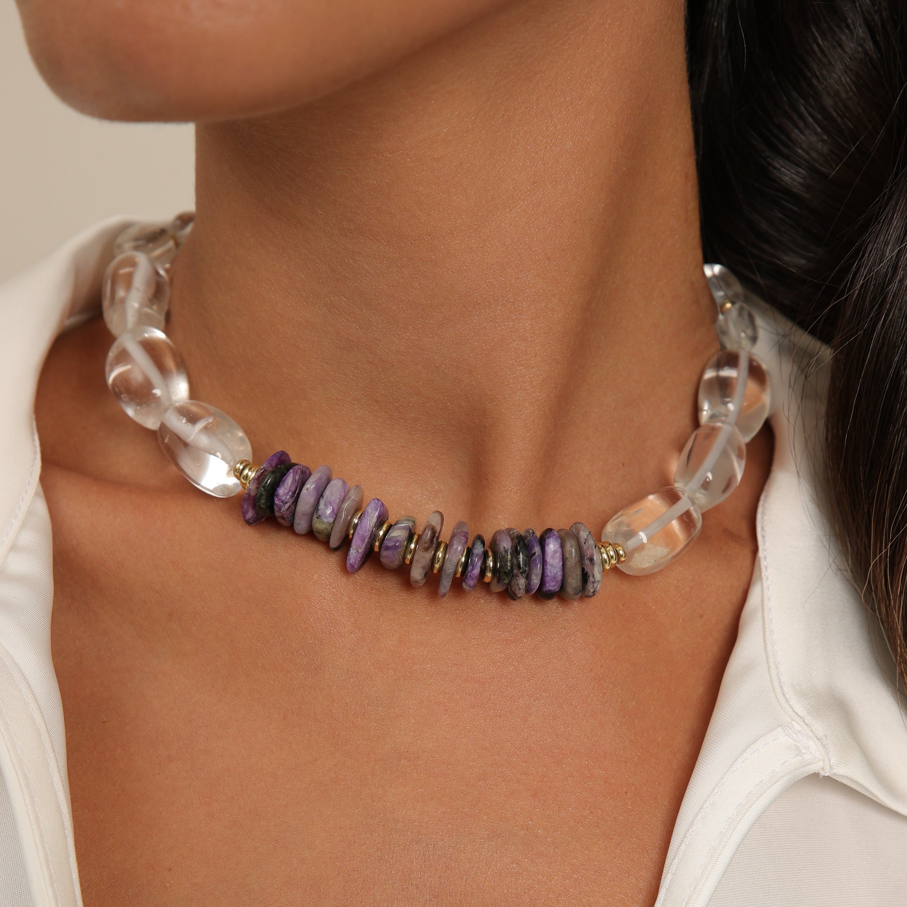 Gargantilla de lepidolita y cuarzo