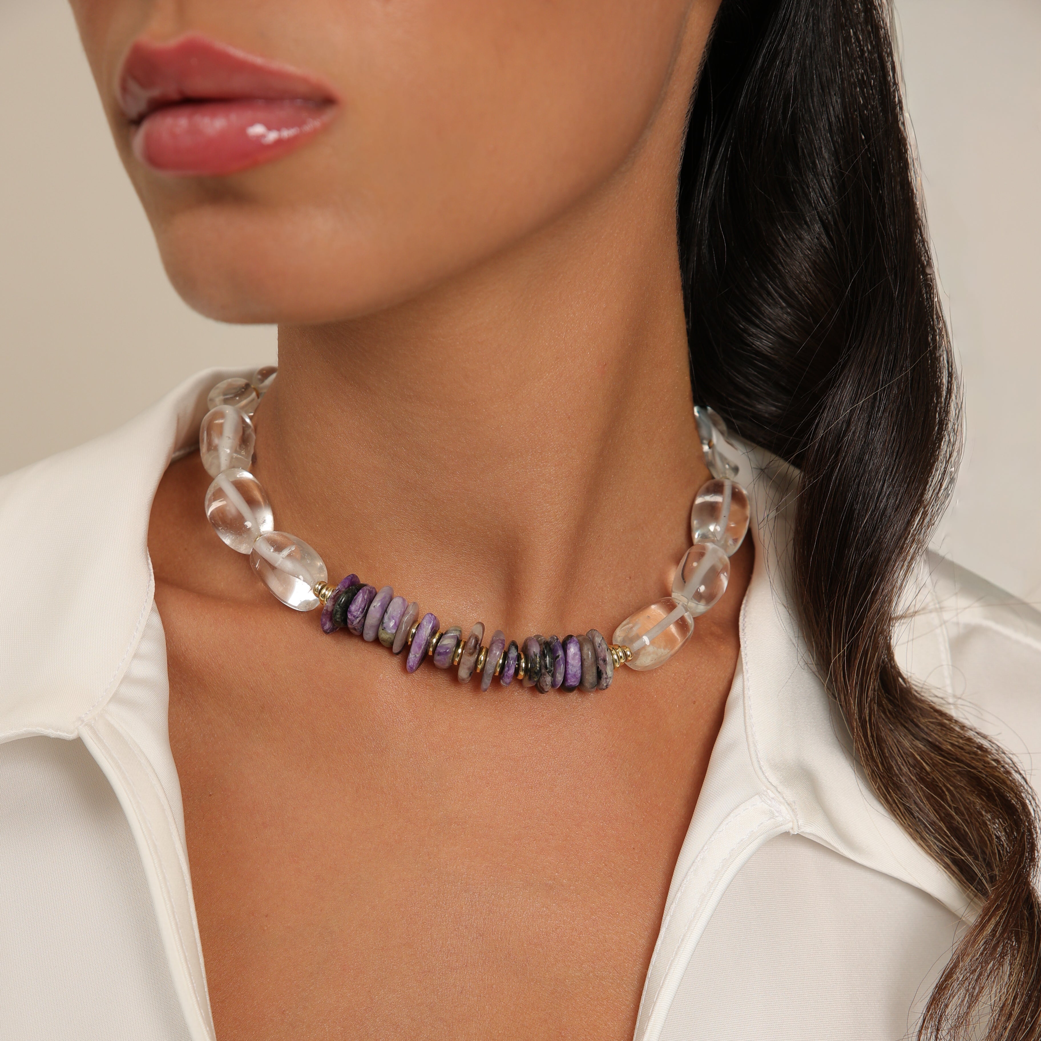 Gargantilla de lepidolita y cuarzo