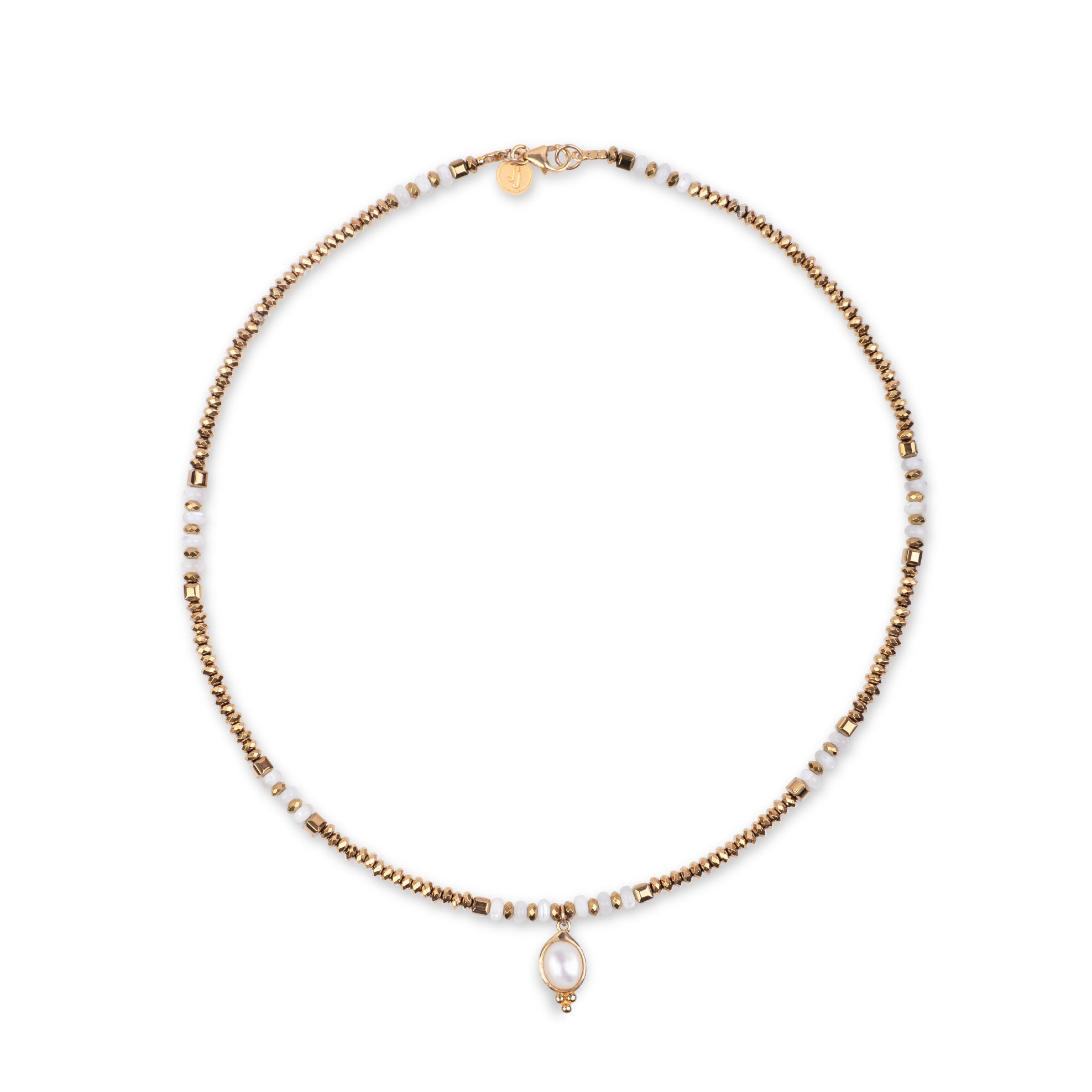 Hematite Necklace with Mother of Pearl Gold Pendant