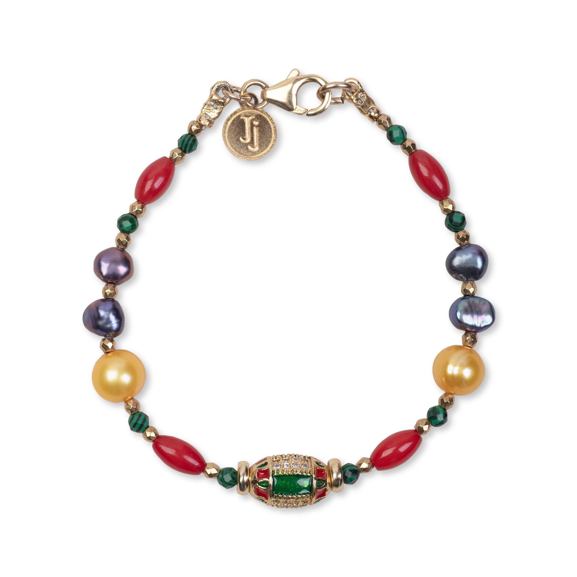 PEARL BRACELET - FEATURING CORAL , MALACHITE AND HEMATITE