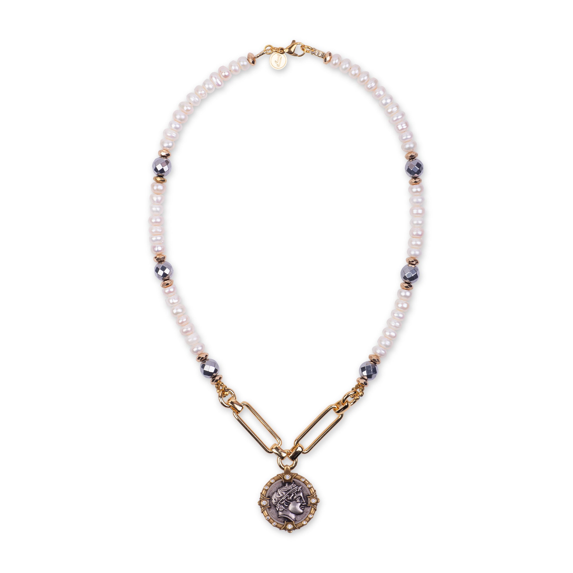 Pearl Necklace with Roman Coin Pendant