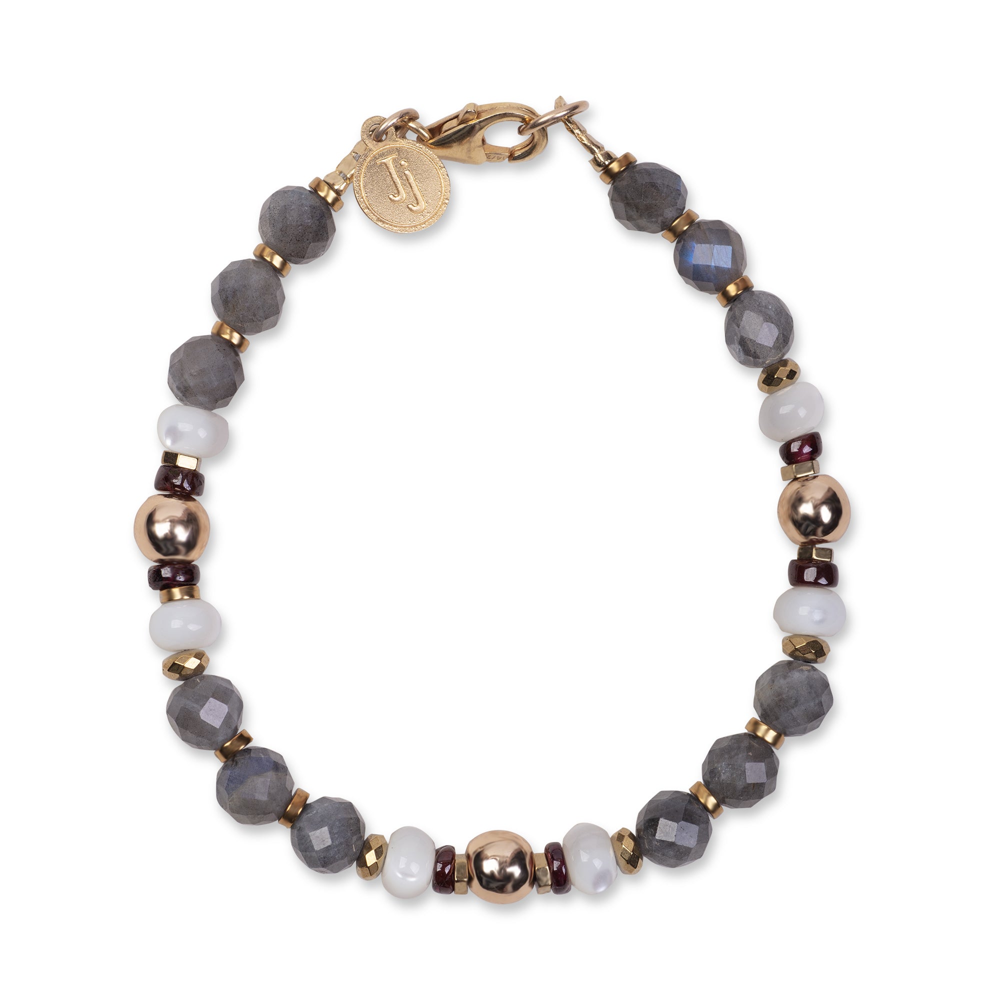 LABRADORITE BRACELET - FEATURING GARNET , HEMATITE AND MOTHER OF PEARL