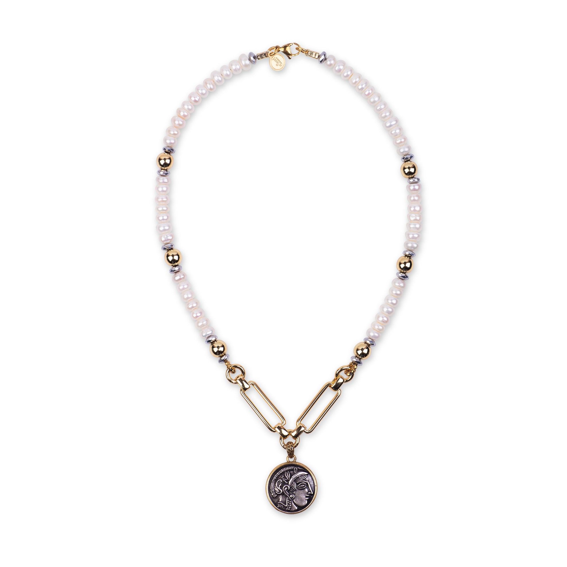 Pearl Necklace with Roman Coin Pendant