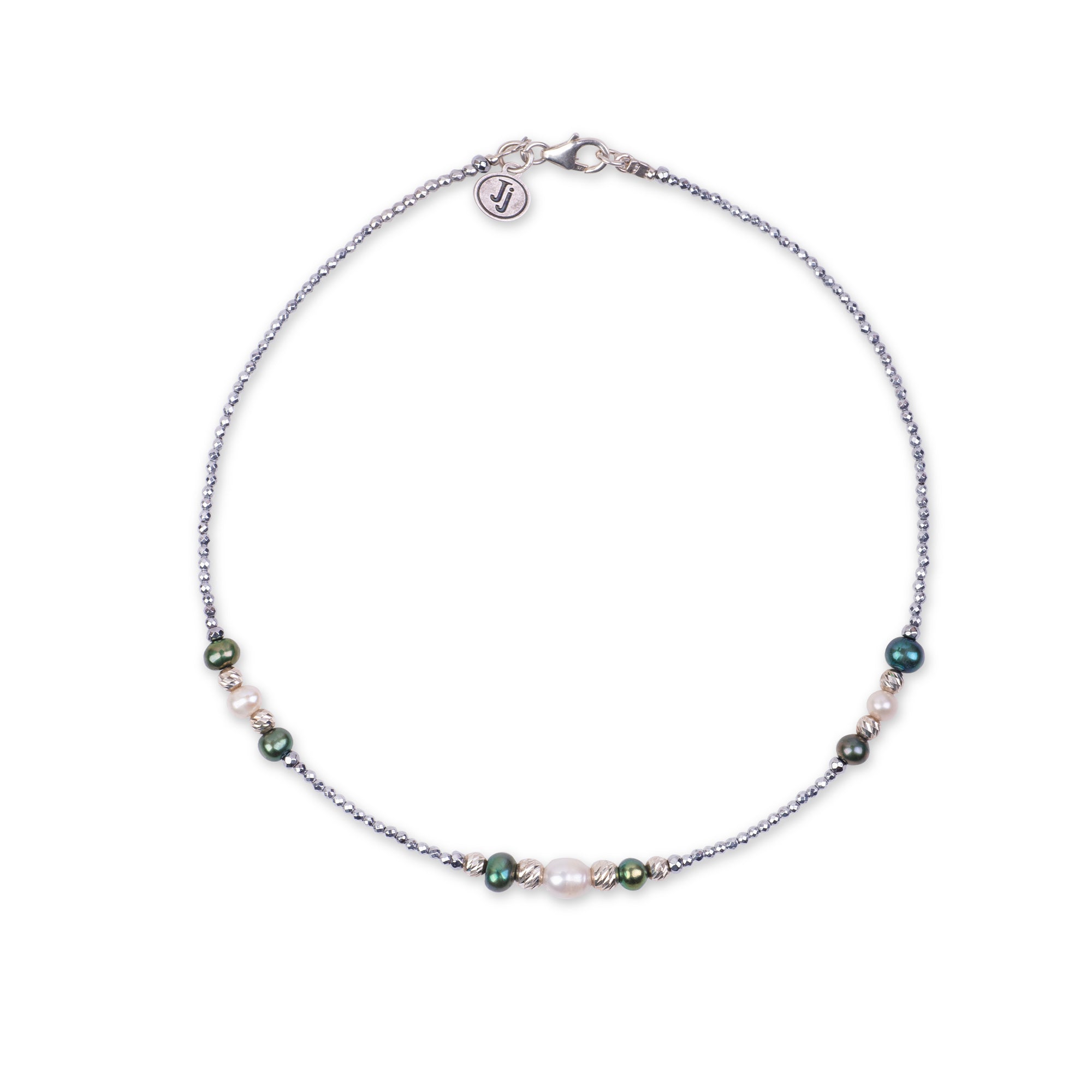 Hematite Choker with Green & White Pearls