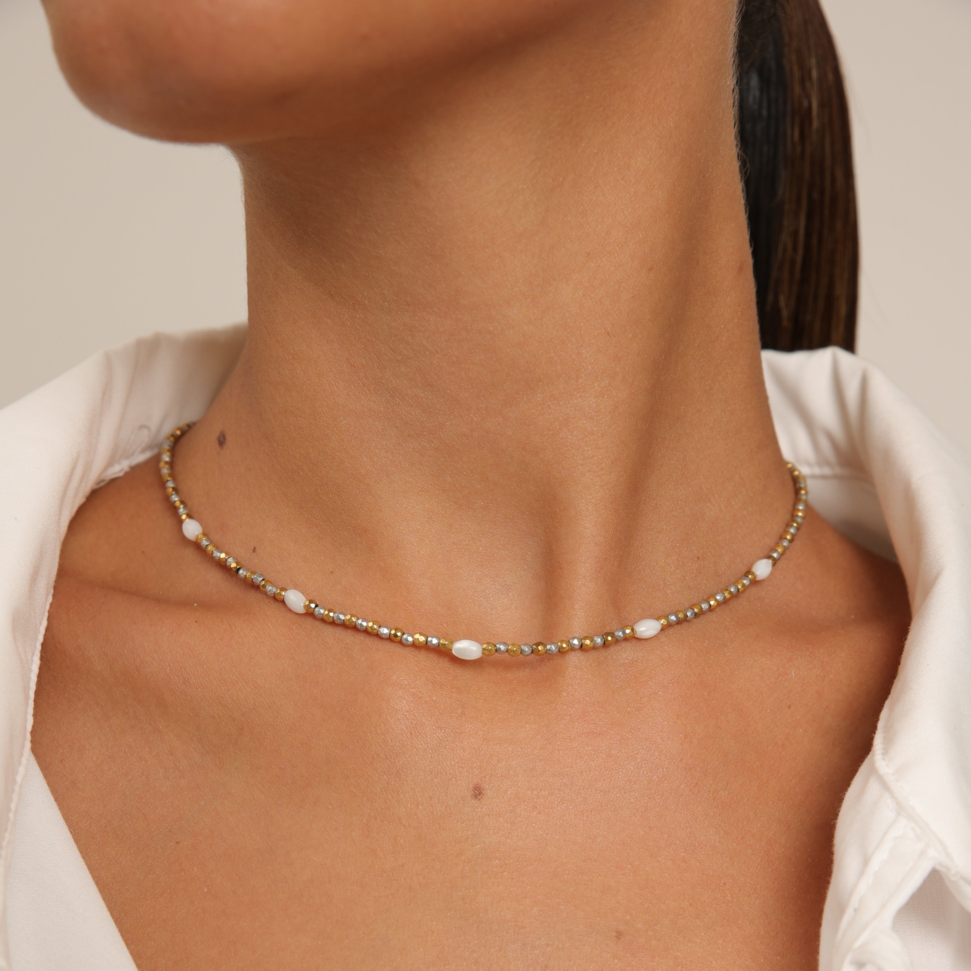 Hematite Choker with Rice Pearls