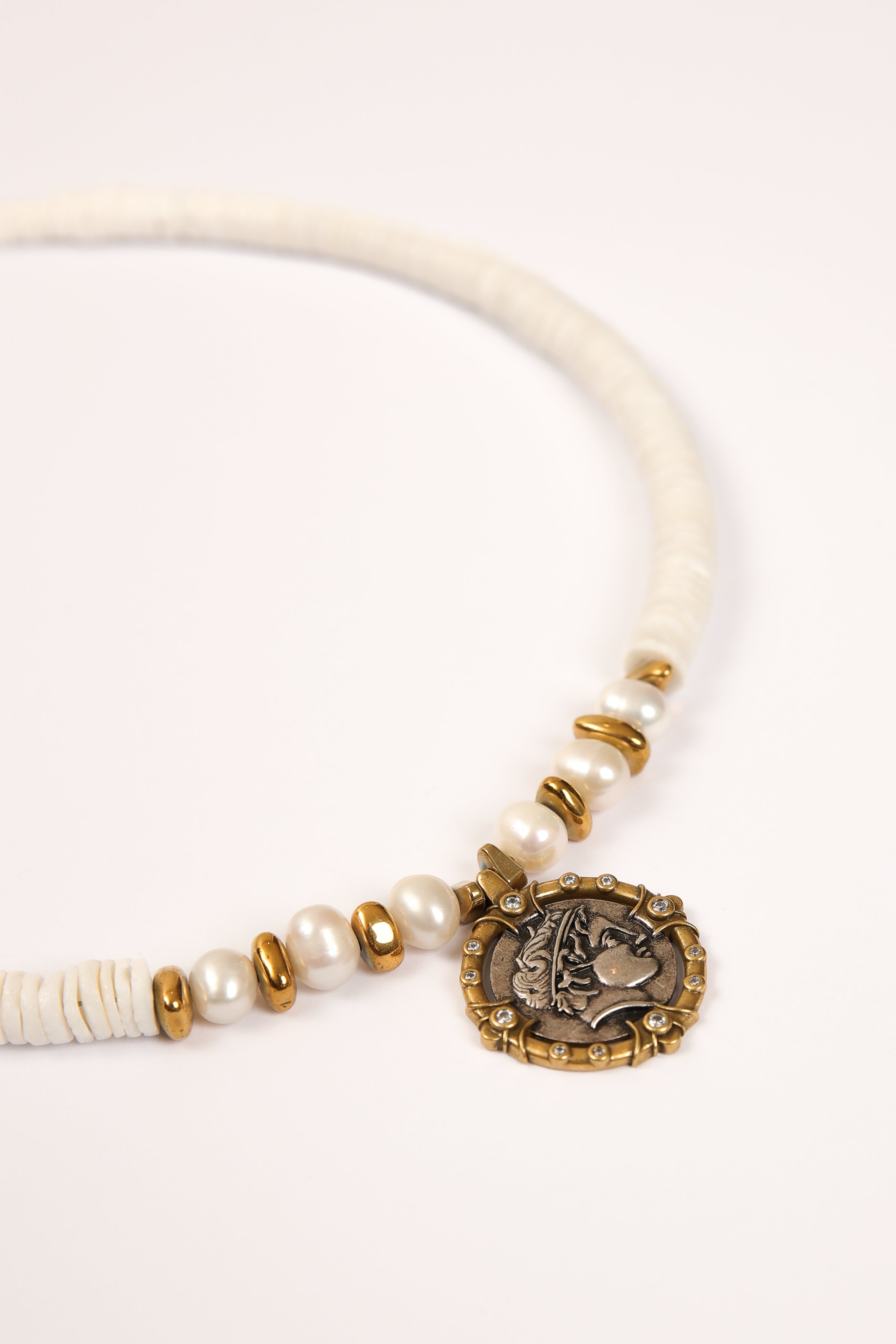 White Coral Choker with Roman Coin Pendant