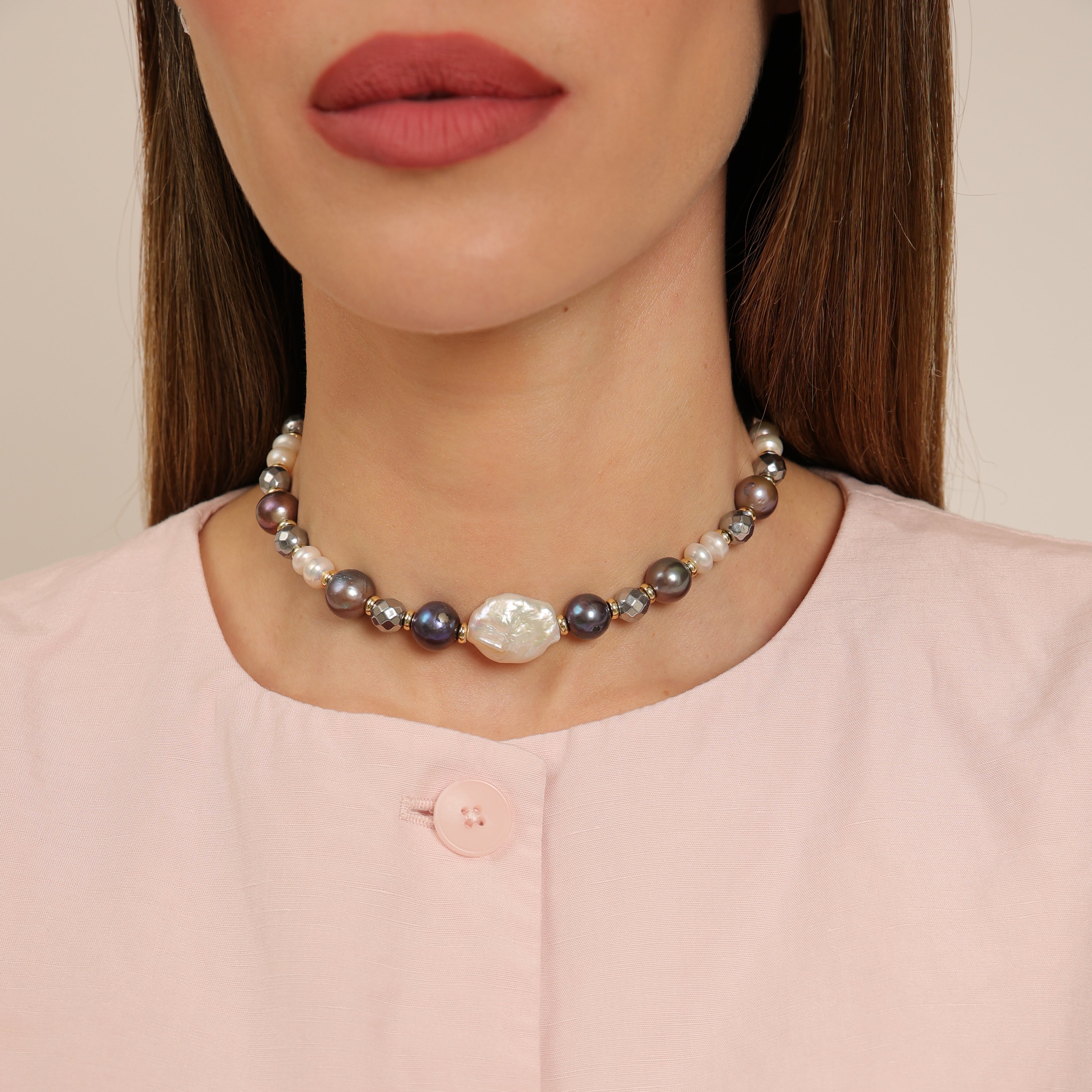 Gargantilla de perlas - Pavo real y perlas blancas