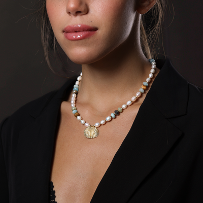 PEARL NECKLACE - FEATURING AMAZONITE & GOLD SEASHELL PENDANT.