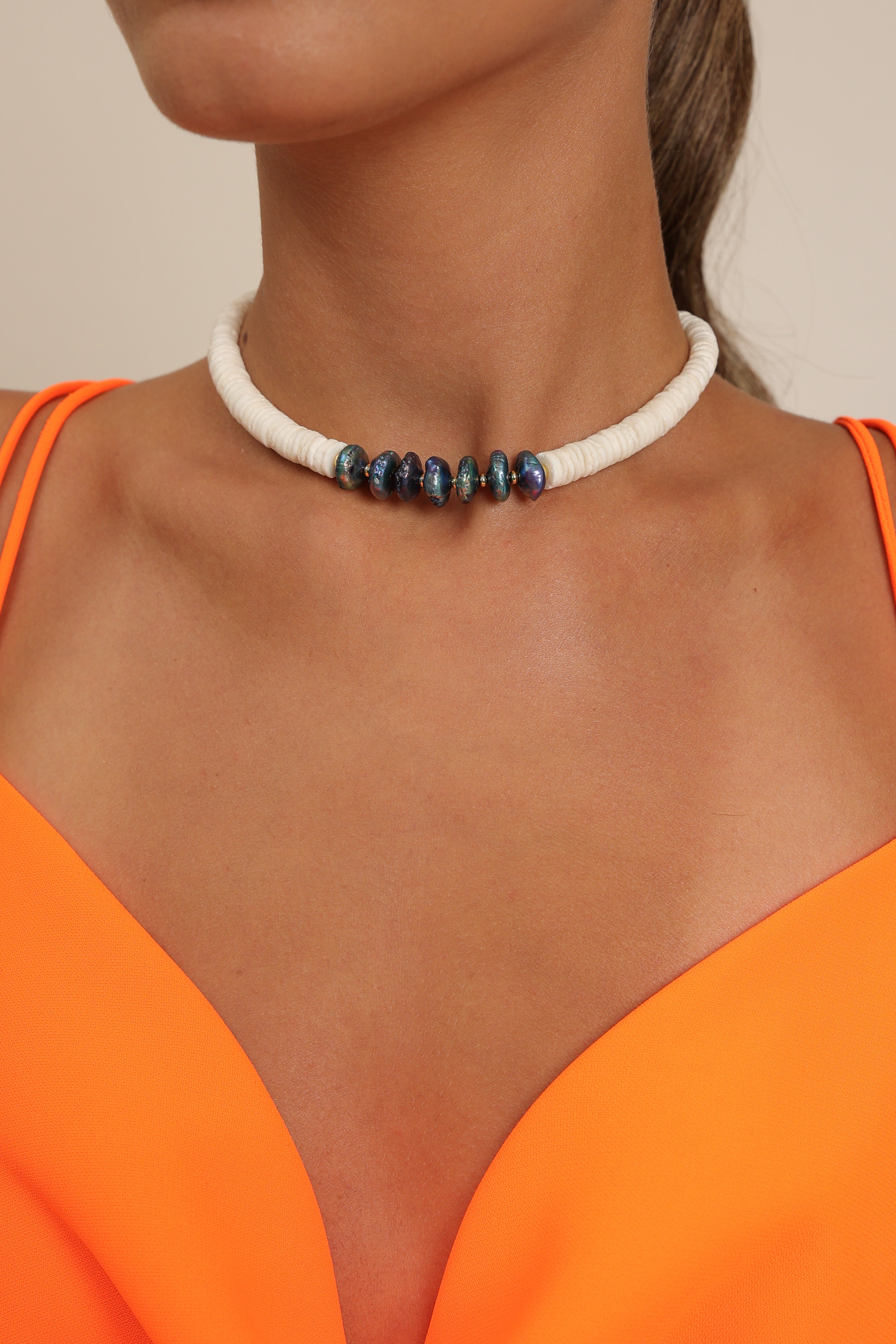 White Coral Choker & Peacock Pearls
