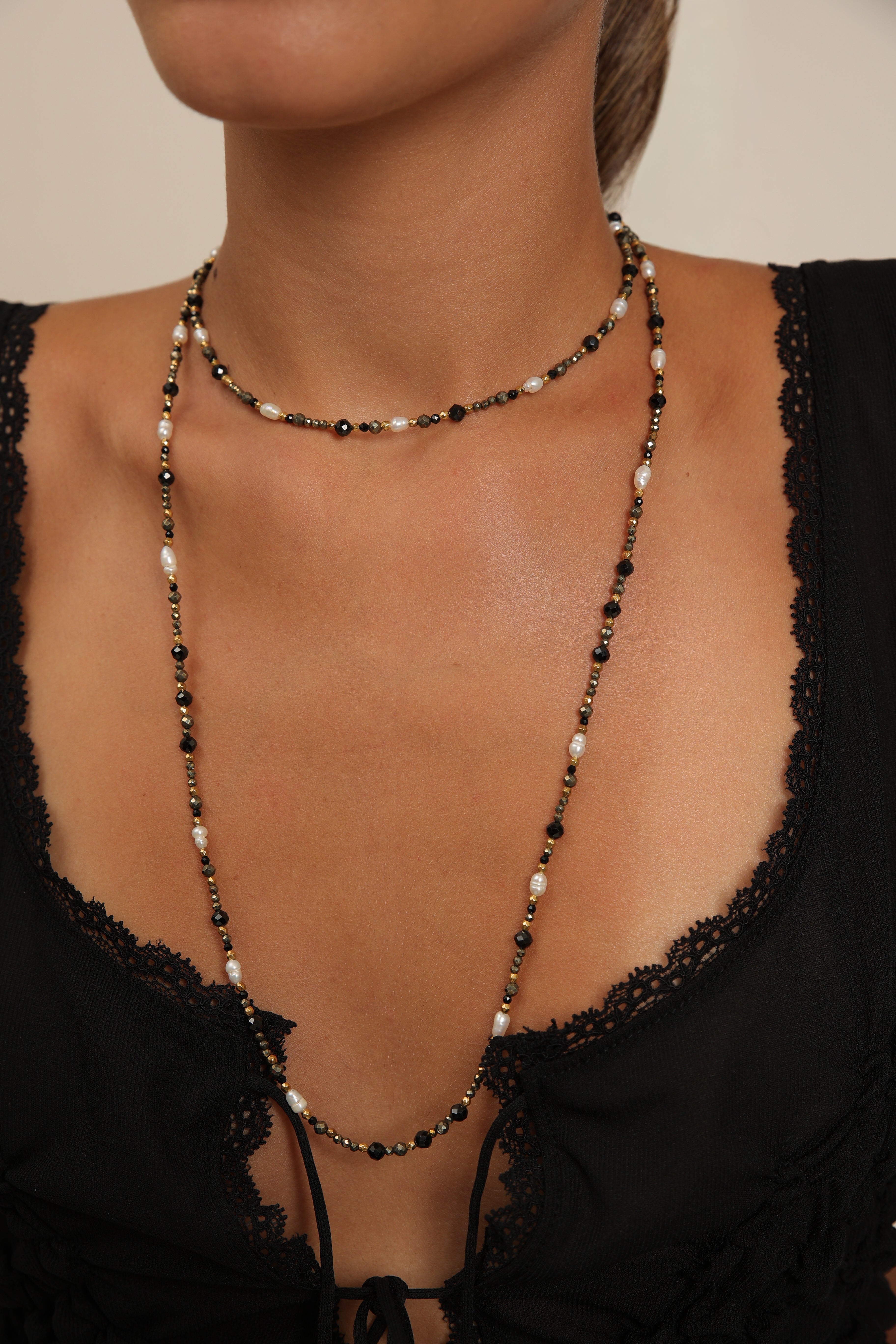 Pyrite Necklace with Rice Pearls & Onyx
