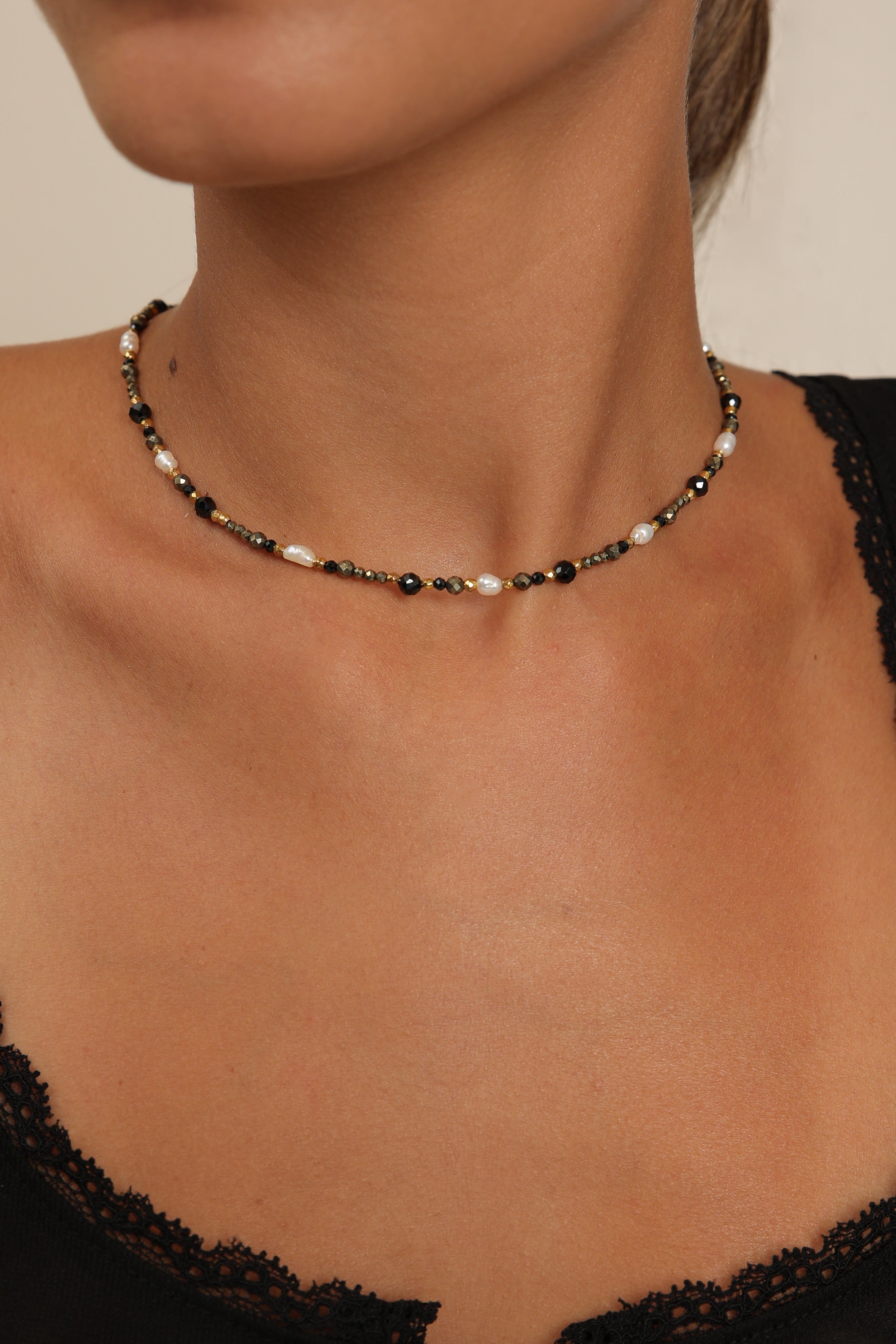 Pyrite Choker with Rice Pearls & Onyx