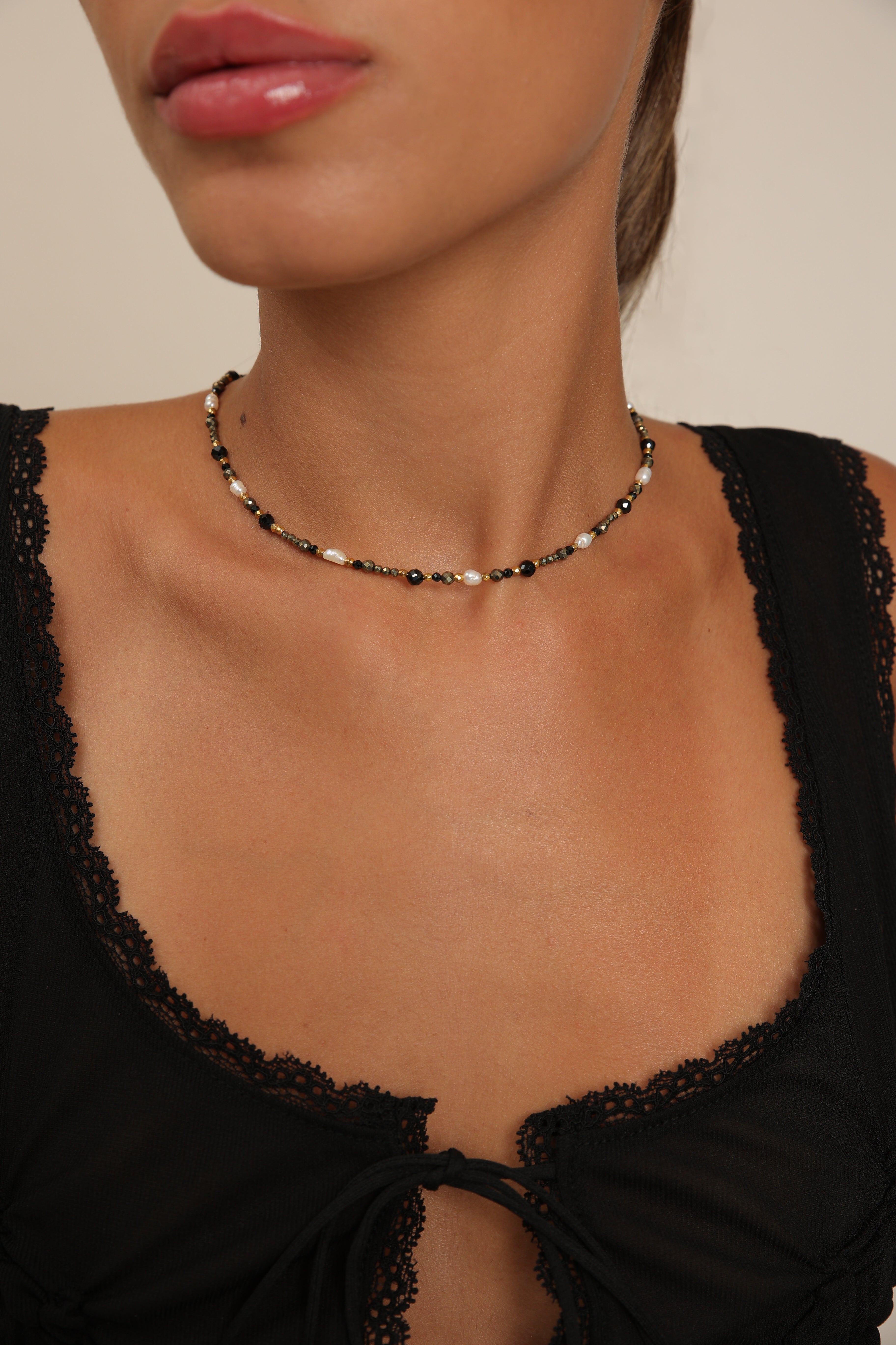 Pyrite Choker with Rice Pearls & Onyx