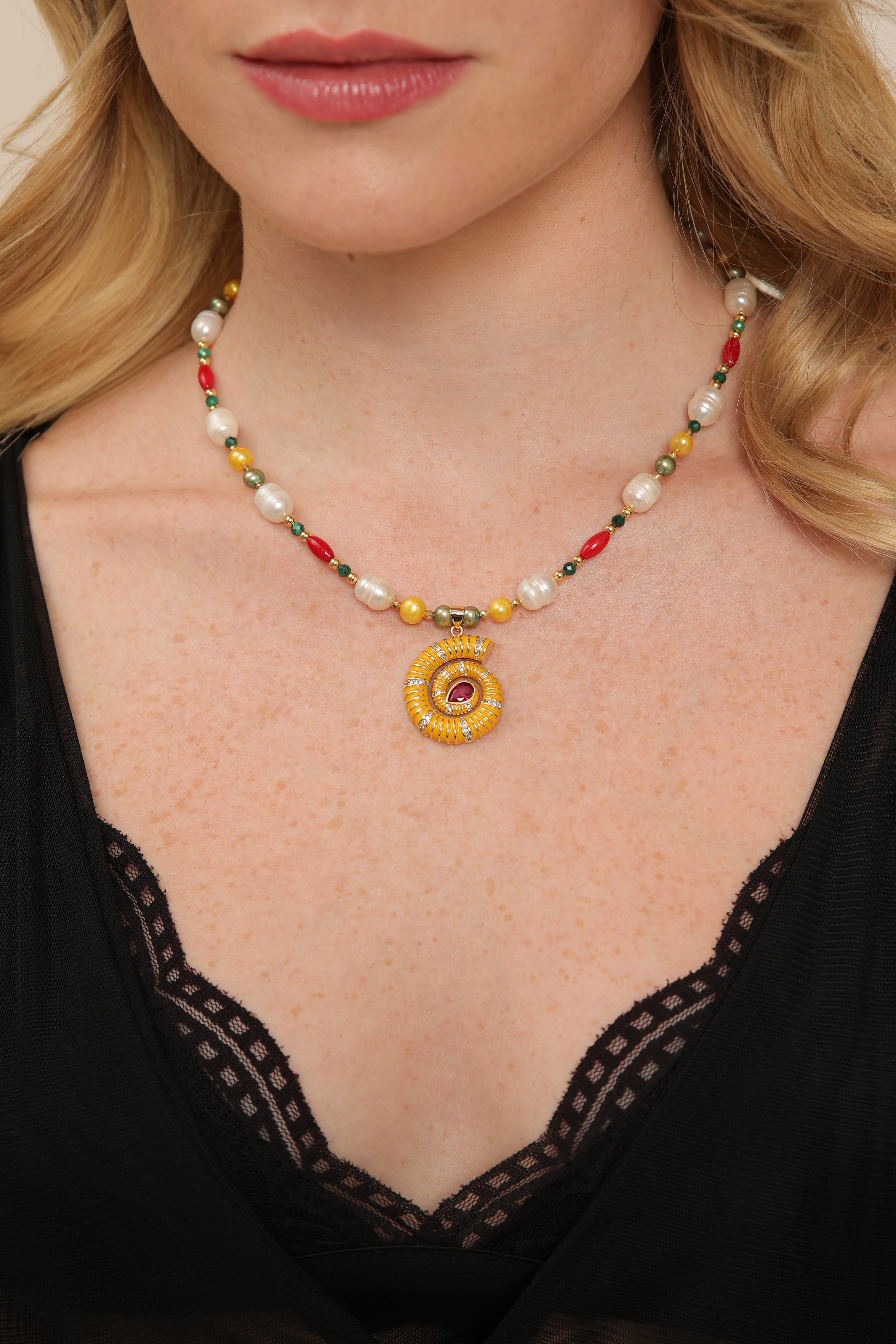 Pearl Necklace with Nautilus Shell Pendant