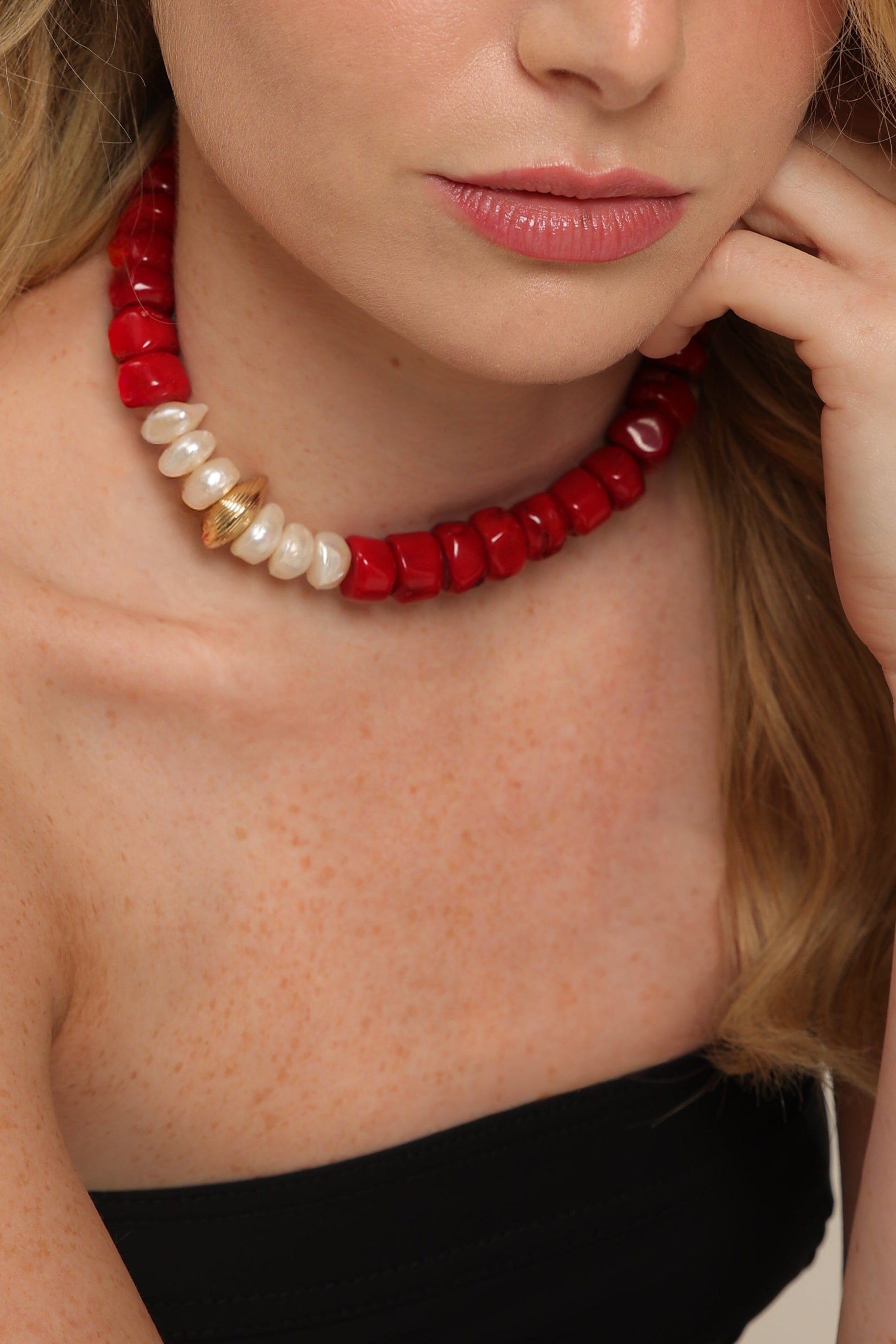 Red Coral Choker with Pearls