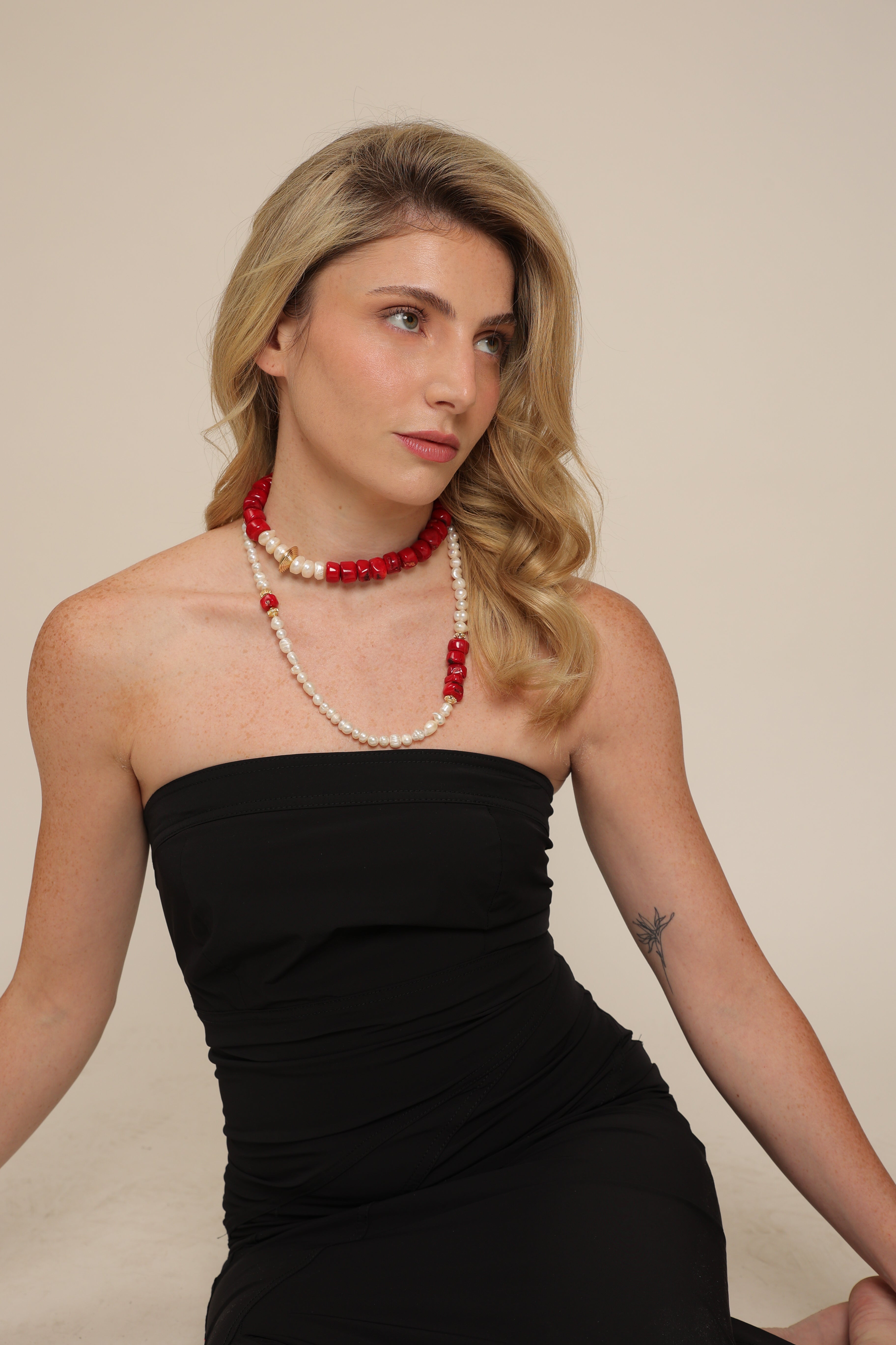 Pearls Necklace with Red Coral